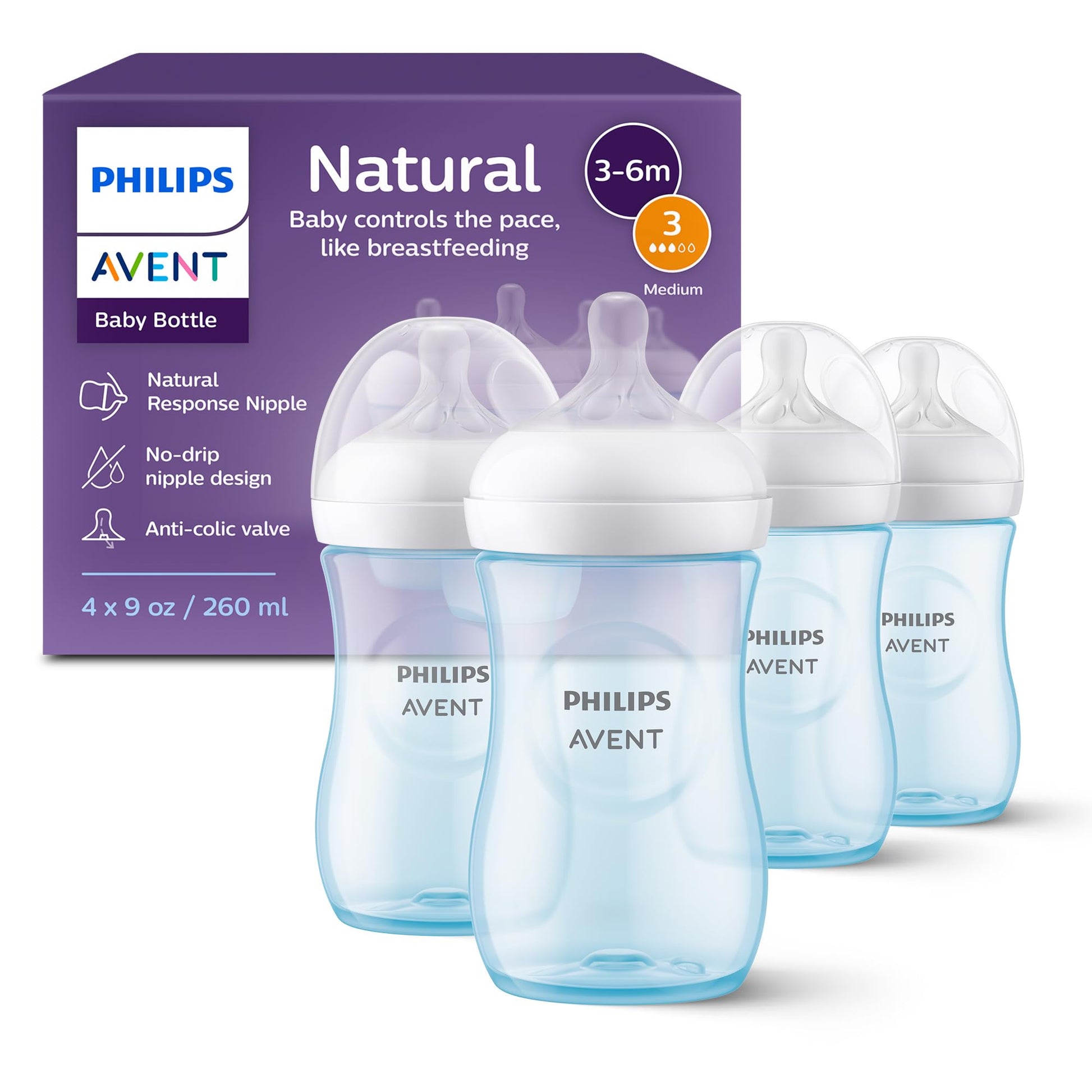 Biberón Philips Avent Azul con Válvula Anticólicos Natural Response 9 oz Flujo Medio 4 Piezas
