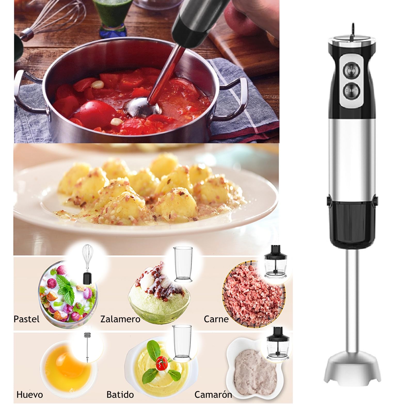 Feiniao 5 EN 1 Licuadoras de Mano, Licuadora Manual 600W, Batidora de Inmersión, Batidor de Mano con Varilla Trituradora, Taza de Molienda, Picadora de Carne, Espumador de Leche, Batidor de Huevo