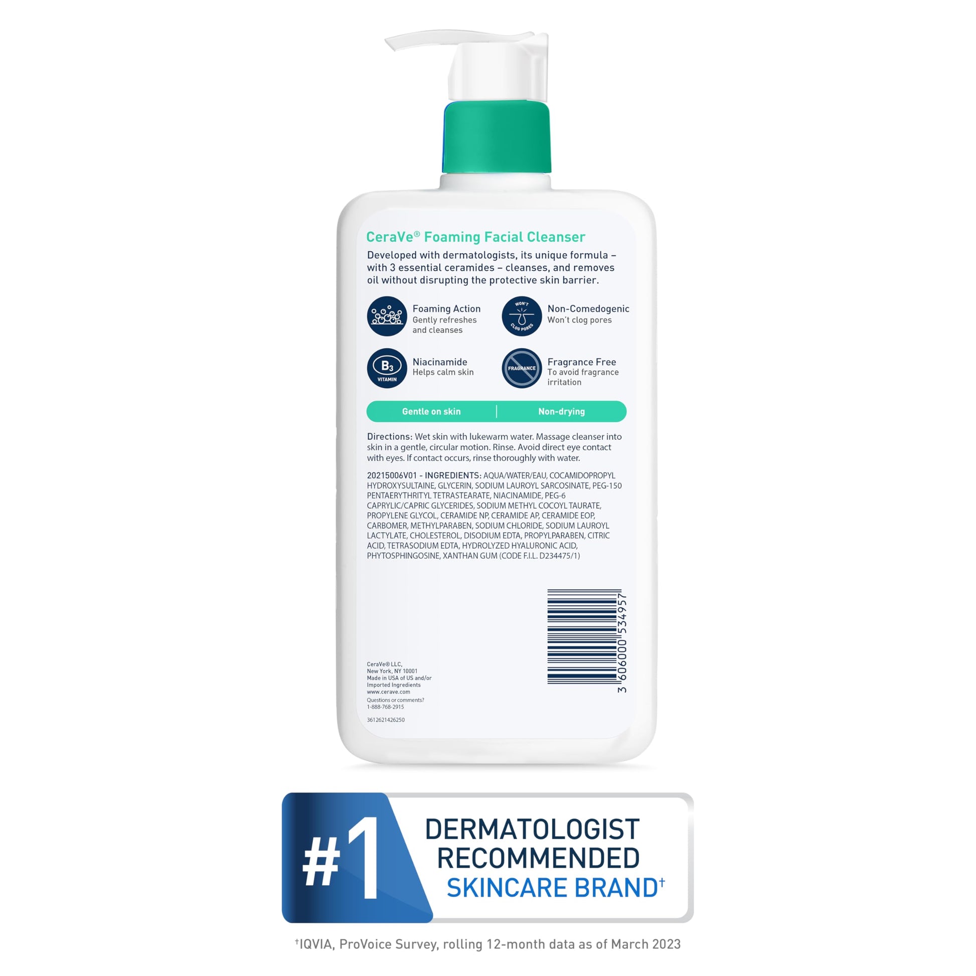 Limpiador facial de espuma CeraVe para el lavado diario de la cara, CeraVe Foaming Facial Cleanser | 16 Ounce | Daily Face Wash for Normal to Oily Skin | Paraben & Fragrance Free, 16 Fl. Oz