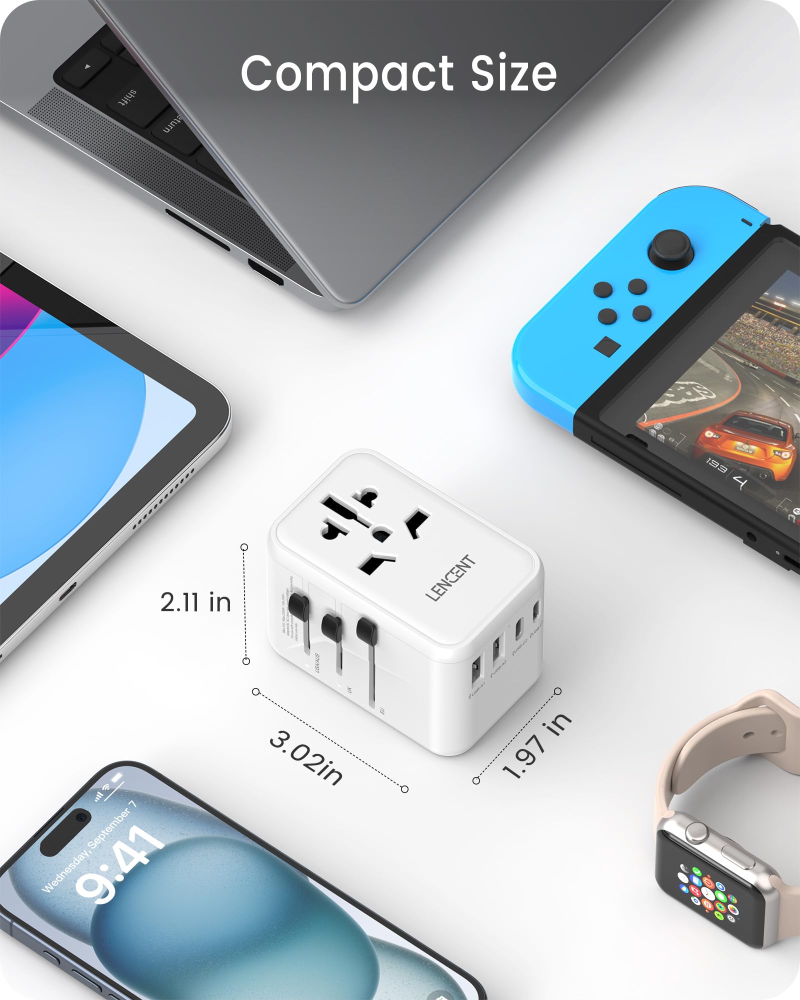 LENCENT Adaptador Universal de Viaje, GaN III 65W Cargador Internacional con 2 Puertos USB y 3 PD USB-C Carga Rápida, Adaptador Cargador Europeo con Enchufe Tipo A/C/G/I para USA/Europa/UK/AUS, Blanco