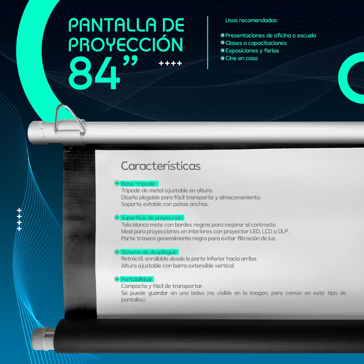 SEAFON Pantalla De Proyección 84 Pulgadas, 4:3 con Trípode