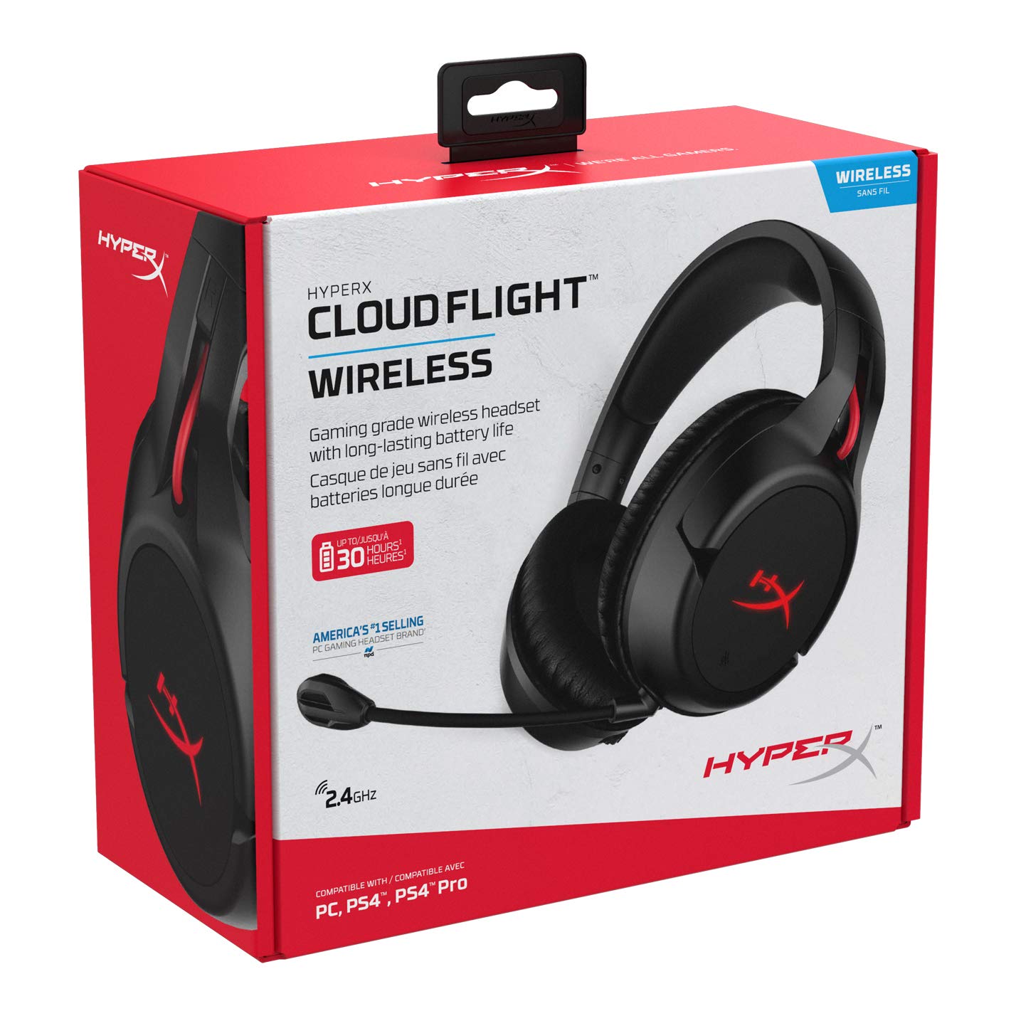 HyperX Cloud Flight - Audífonos para gaming inalámbricos, Batería de larga duración, Micrófono desmontable con cancelación de ruido, Compatible con PS4, PC, PS4 Pro (HX-HSCF-BK/AM)