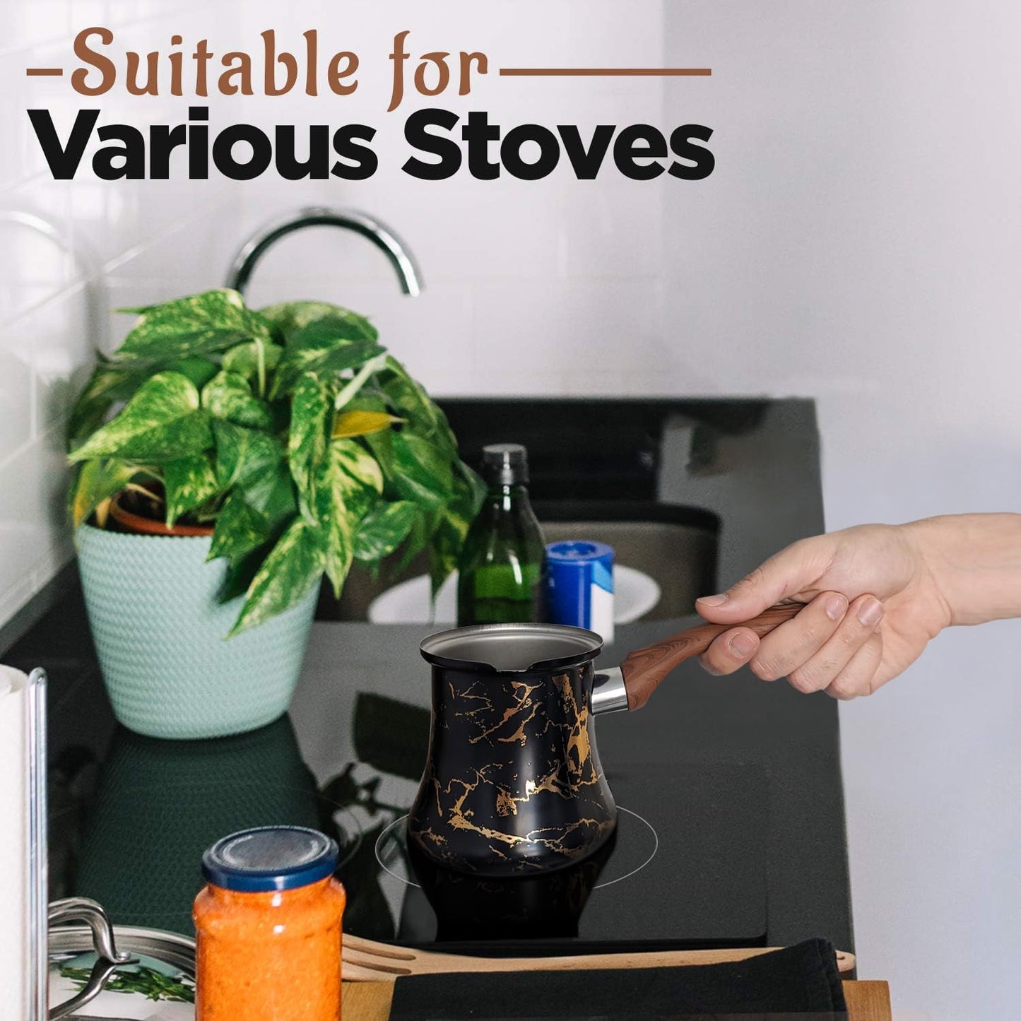 Cafetera turca de 19 onzas – Ibrik turco para café sabroso – Cafetera arábiga multiusos con tapa – Cafetera de acero inoxidable resistente