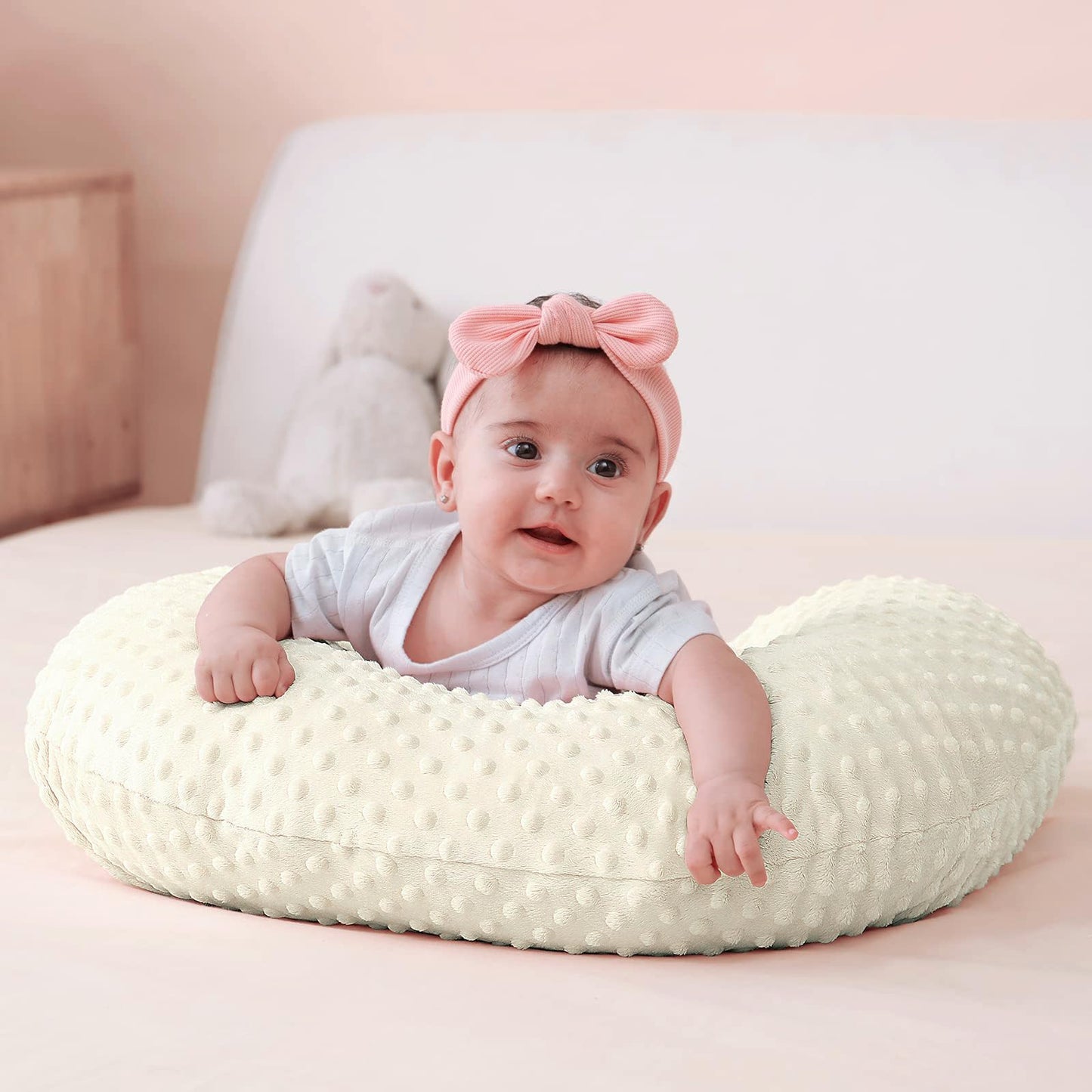 QUENESS Almohada y posicionador para lactancia, para alimentación con pecho y biberón, soporte para sentar al bebé con cubierta ultra suave removible, soporte para tiempo boca abajo para bebés niños y