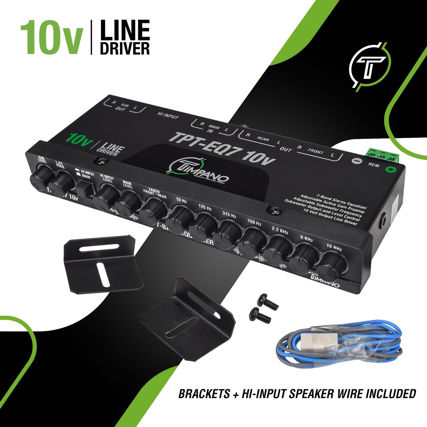 Timpano - Ecualizador de 7 bandas TPT-EQ7 driver de línea de alto voltaje de 10 V Salida RCA de 6 canales y control de subwoofer y cruce 1/2 Din Gráfico de audio para coche Eq con entrada de alto