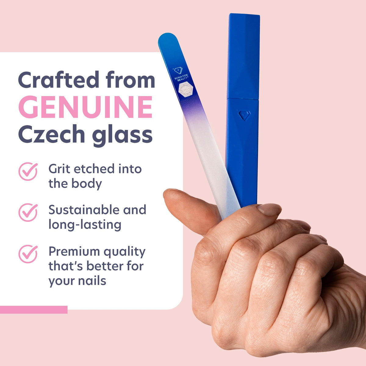Lima de uñas de cristal con funda, lima de uñas de manicura Bona Fide, uñas de forma experta con lima de precisión suave, deja las uñas lisas, lima de vidrio checo de alta calidad de agua/cobalto