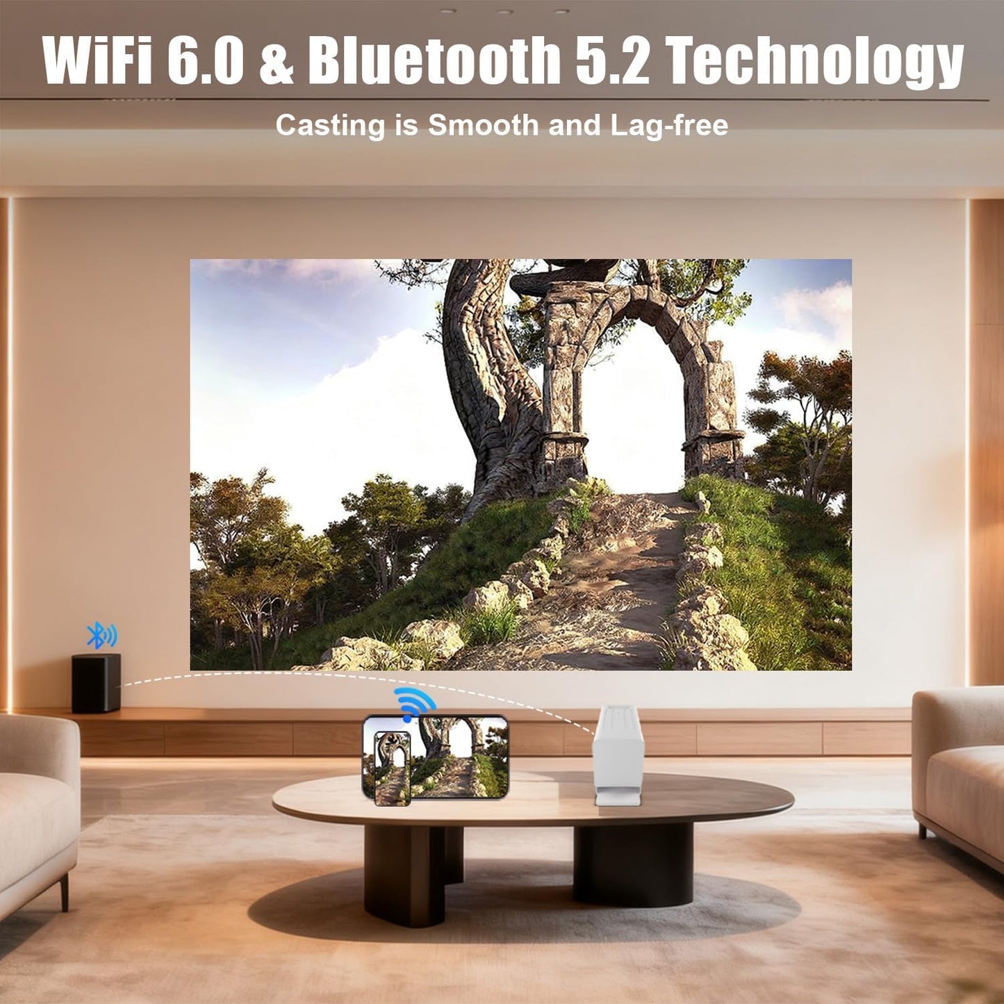 Mini proyector WiFi y Bluetooth Compatible con 1080P, con apps integradas. Admite Pantalla de 150 Pulgadas para Uso Exterior, corrección Trapezoidal automática y Corta Distancia Focal.