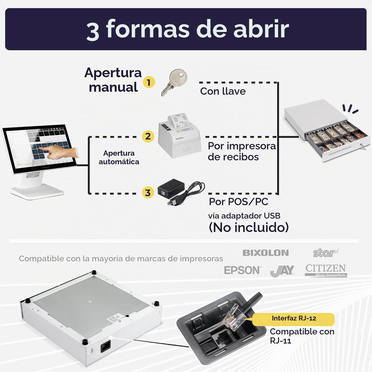 Cajón de Caja Registradora Volcora Negro con Bandeja de Efectivo y Compartimento Extraíble para Sistema POS