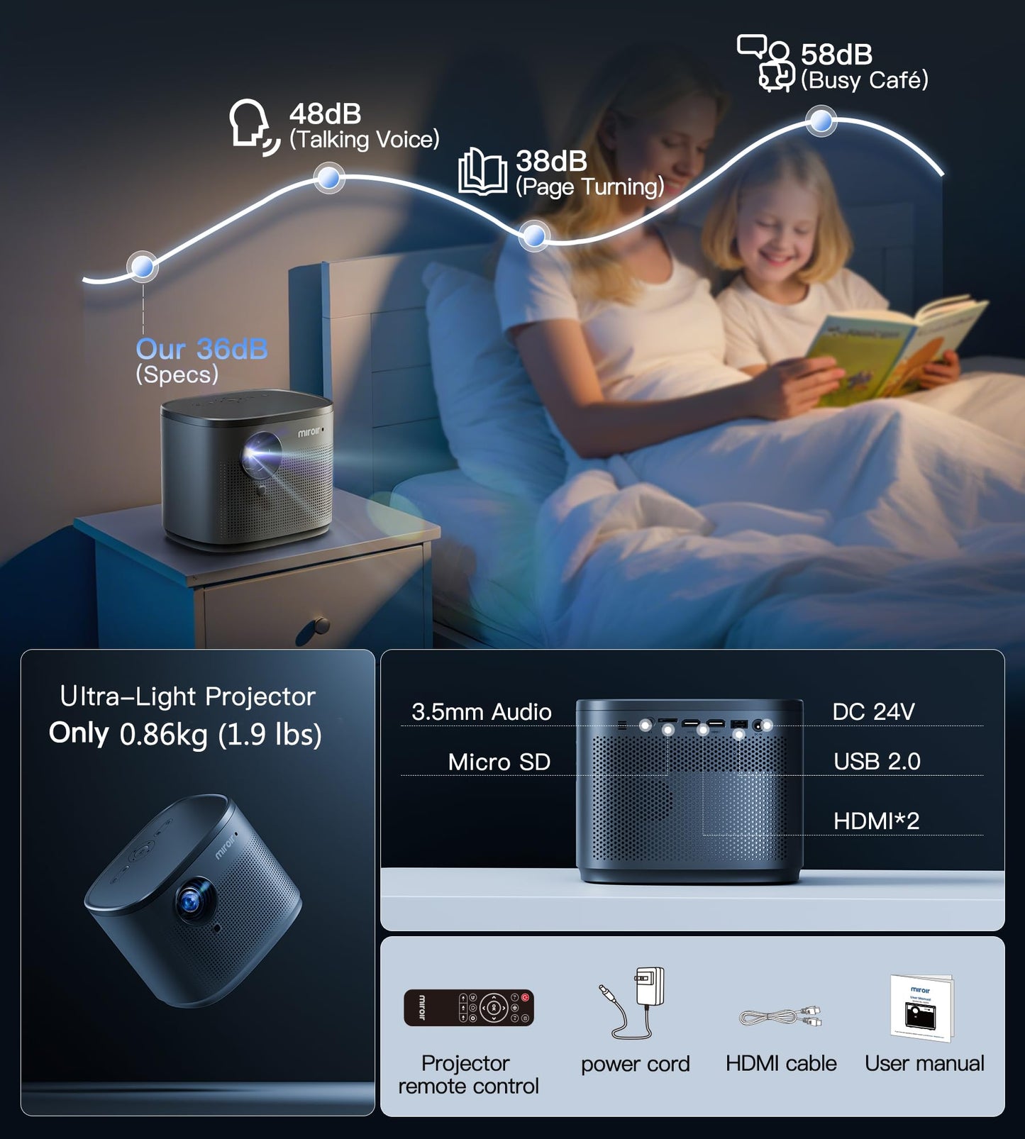 Miroir Miniproyector HD para el hogar con altavoz integrado, enfoque automático y corrección trapezoidal, portátil para películas al aire libre, compatible con smartphones y televisores.
