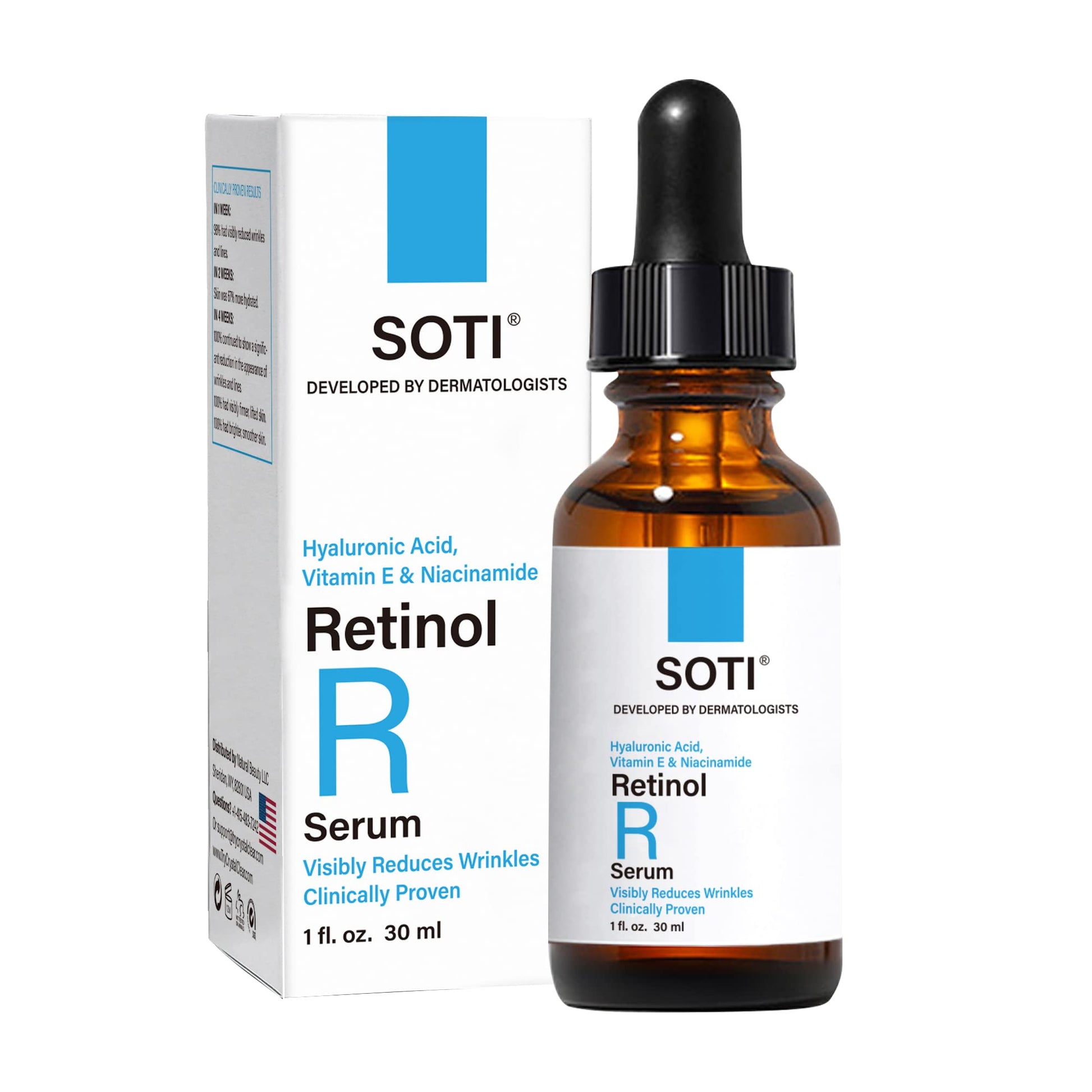 Soti 2.5% Retinol Serum, Made in USA! Reduces Wrinkles, Age Spots, Post-Acne Marks. Stimulates Collagen, Firm Skin, Anti Aging with Hyaluronic Acid, Niacinamide, 30ml