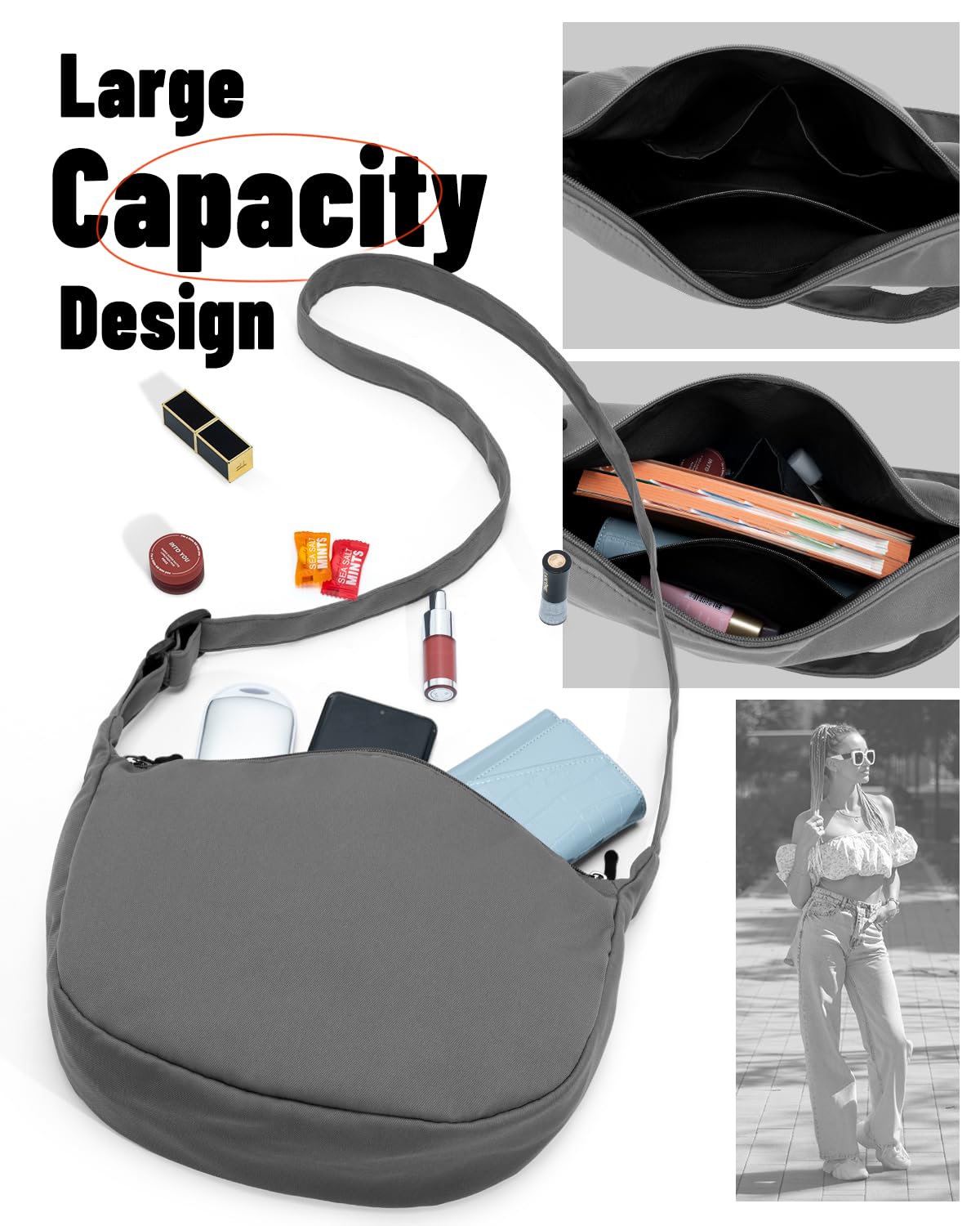 Bolso bandolera pequeño para mujeres y hombres, a la moda, mini bolsa de media luna con correa ajustable, 2 cremalleras bolsa de nailon ligero, Gris, Pequeño, Causal
