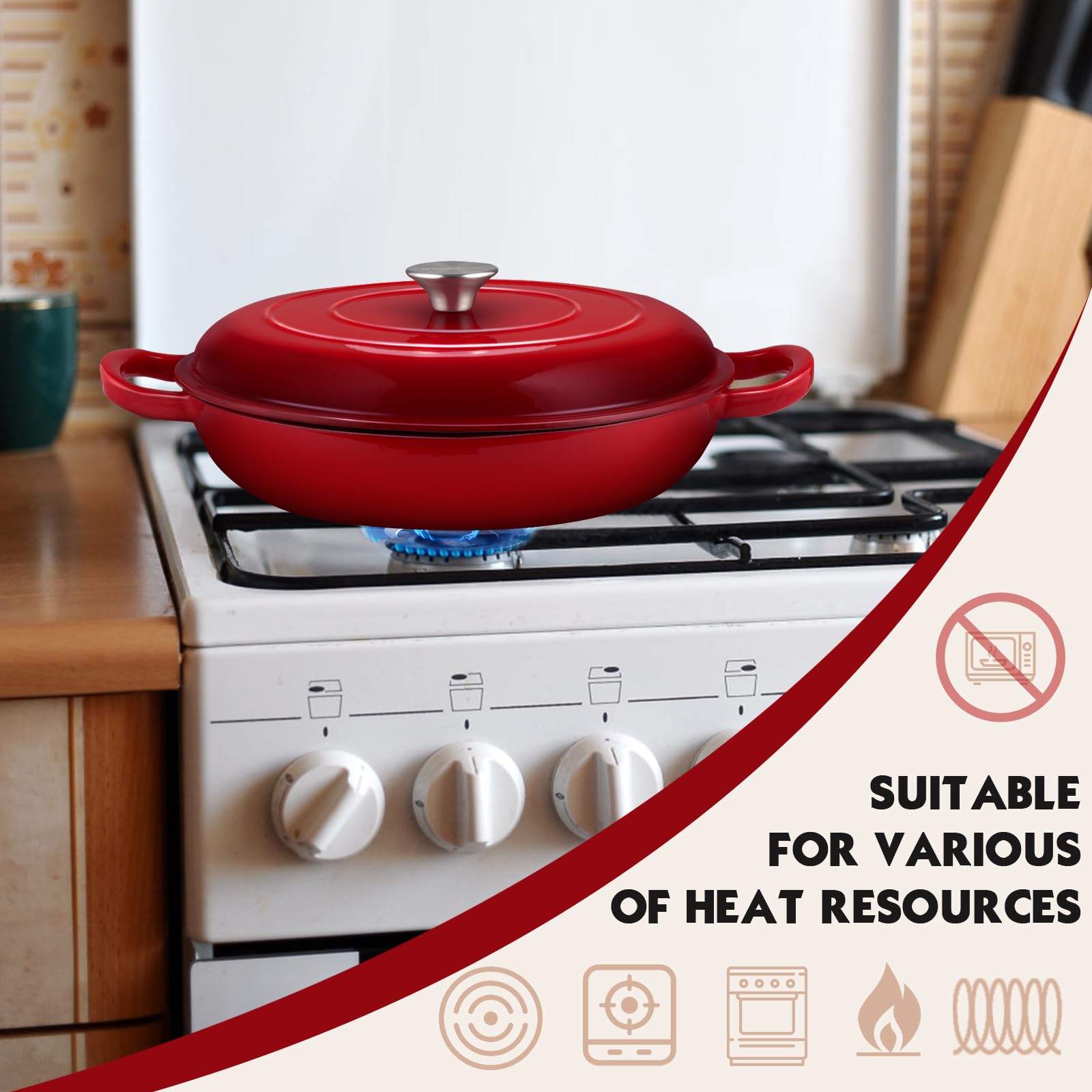 Overmont - Utensilios de cocina esmaltados de hierro fundido con libro de cocina y tapa, olla de horno holandés de 3.2 cuartos con revestimiento de esmalte para estofar, guisos, asar, hornear pan