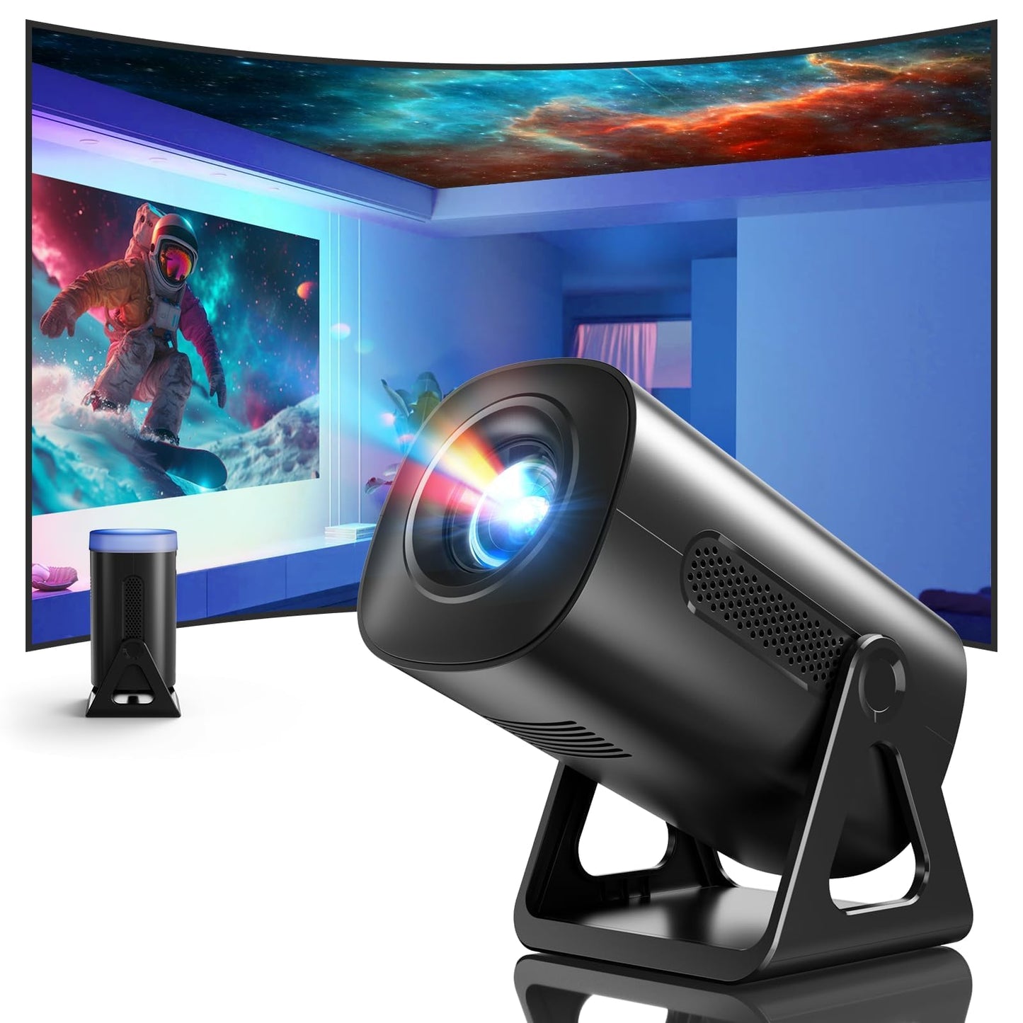 CLOKOWE Mini proyector, 4K 1080P compatible con proyector wifi y bluetooth, soporte ajustable de 270° para cine en casa al aire última intervensión con Android TV OS y 8000+aplicaciones para teléfono