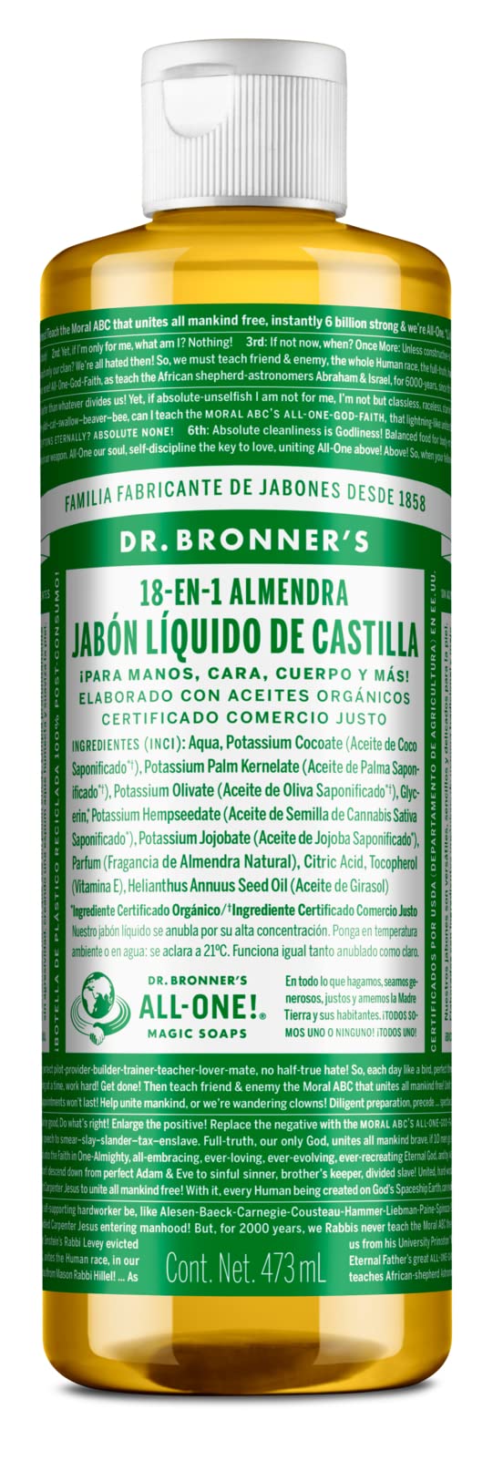 Dr. Bronner's | Jabón de castilla orgánico líquido multiusos, fórmula concentrada, nutrición suave y piel hidratada, con aceite esencial natural, aroma Almendra (473 ml)