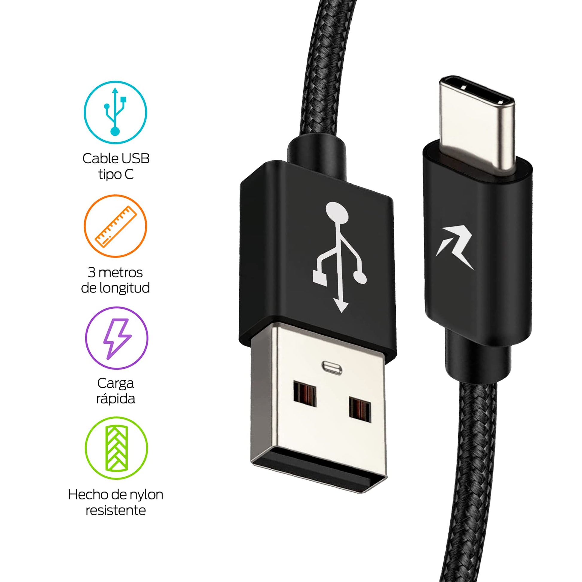 Cable USB C Redlemon Gris Resistente de 3 Metros Compatible con Dispositivos de Carga Rápida