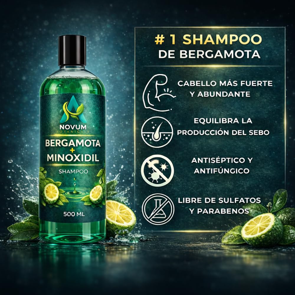 Shampoo de Bergamota con Minoxidil al 7% Shampoo 500 ml Novum Botanicals Champú Anticaspa Libre De Sulfatos y Parabenos Hecho de Ingredientes Naturales Con Aceite de Coco y Keratina