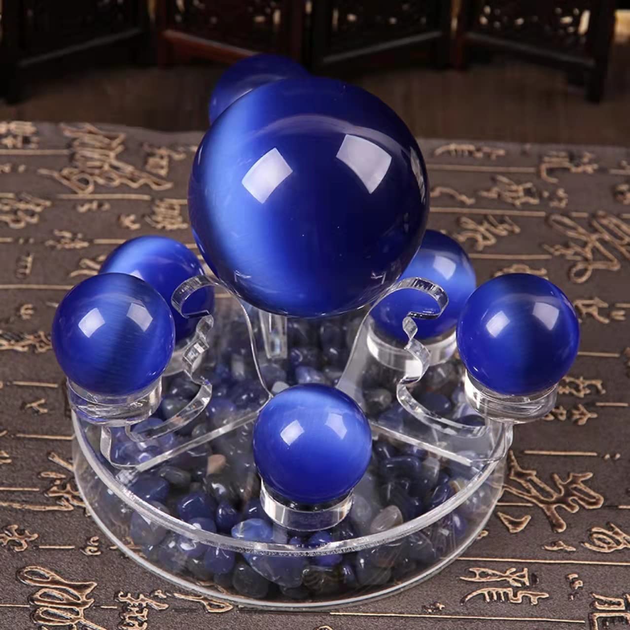 Bolas artificiales de vidrio de ojo de tigre de gato azul real de 1.5 pulgadas, bolas de salud chinas de cuarzo curativo para terapia de manos, alivio del estrés y ejercicio de dedo y muñeca con bolsa de transporte (embalada en caja) M42