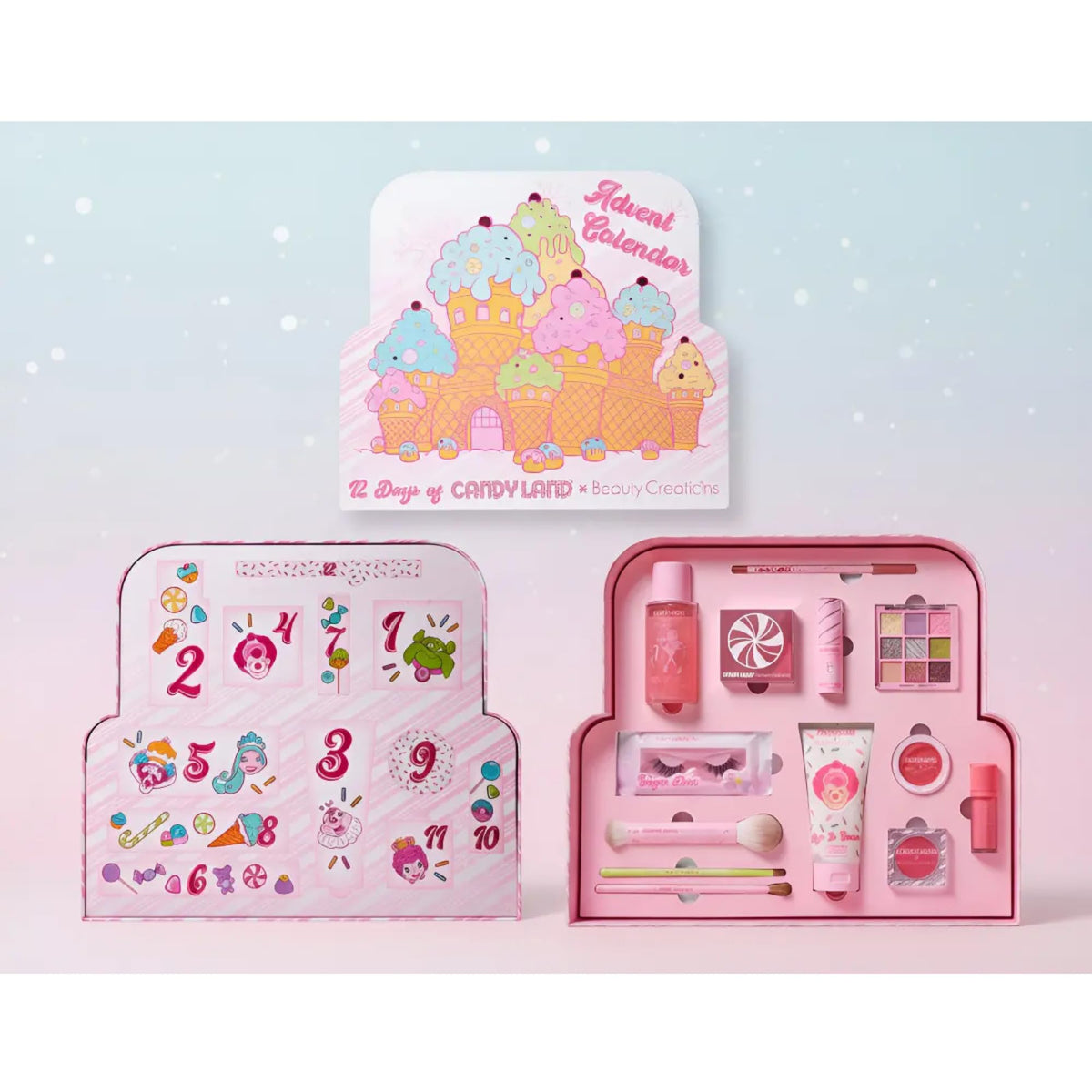 Beauty Creations - Calendario De Adviento 12 Días, Candy Land, Set De Maquillaje y Cuidado Personal, Incluye Paleta, Rubores, Brochas, Labial y Accesorios