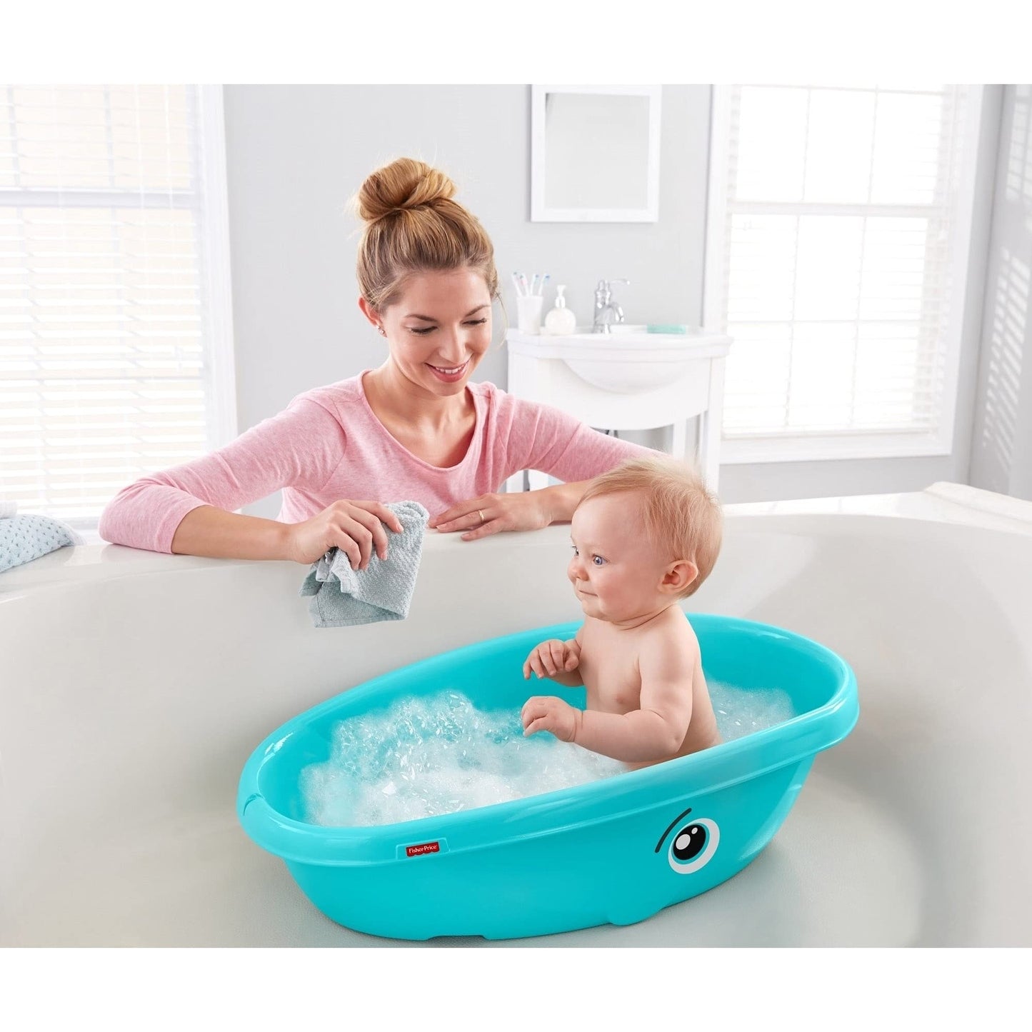 FISHER-PRICE, Ballena Hora del Baño, Bañera para Bebés, Baby, Etapa de Desarrollo, Incluye un cómodo asientos y un suave reposacabezas de espuma, Cabe en la mayoría de las bañeras y lavabos