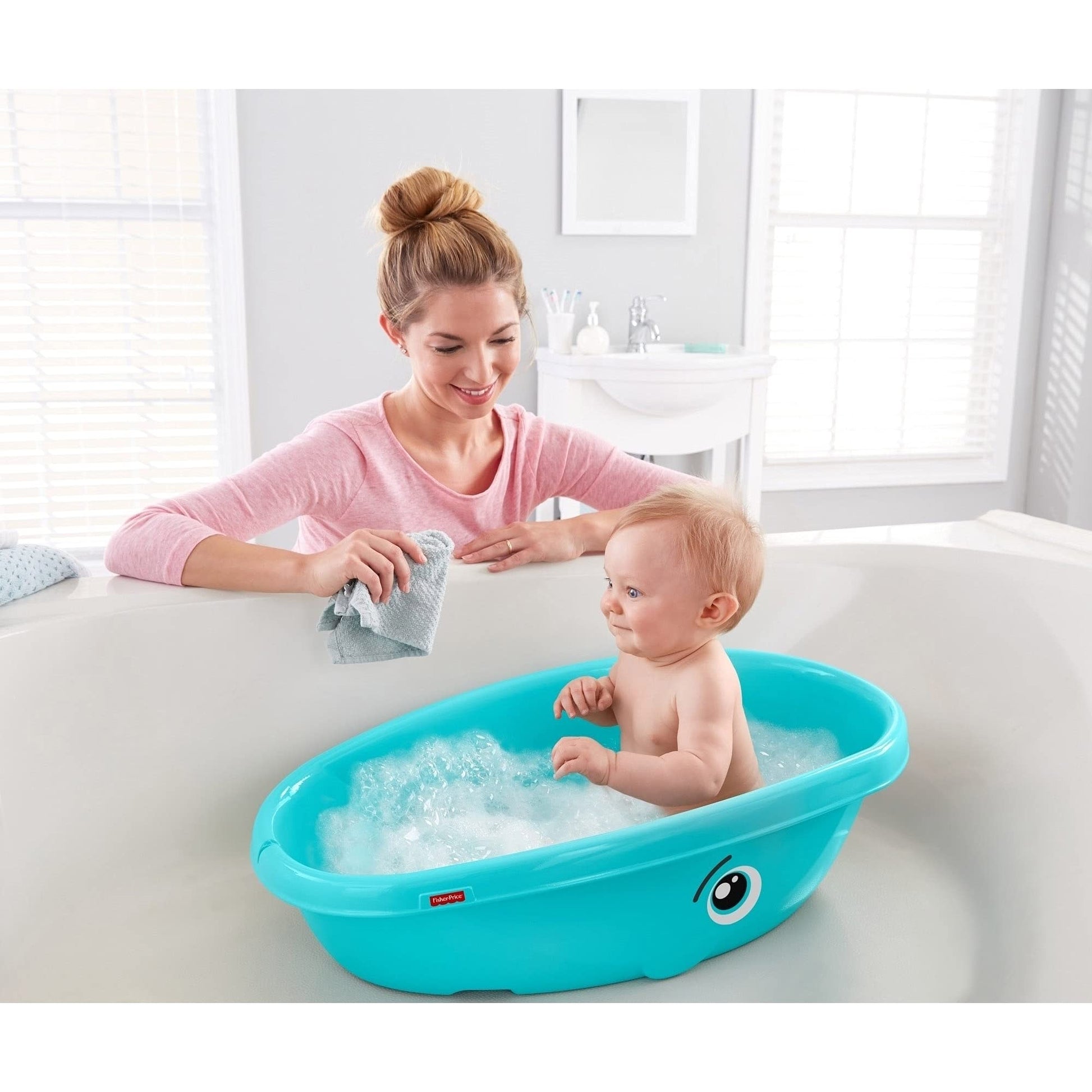 FISHER-PRICE, Ballena Hora del Baño, Bañera para Bebés, Baby, Etapa de Desarrollo, Incluye un cómodo asientos y un suave reposacabezas de espuma, Cabe en la mayoría de las bañeras y lavabos