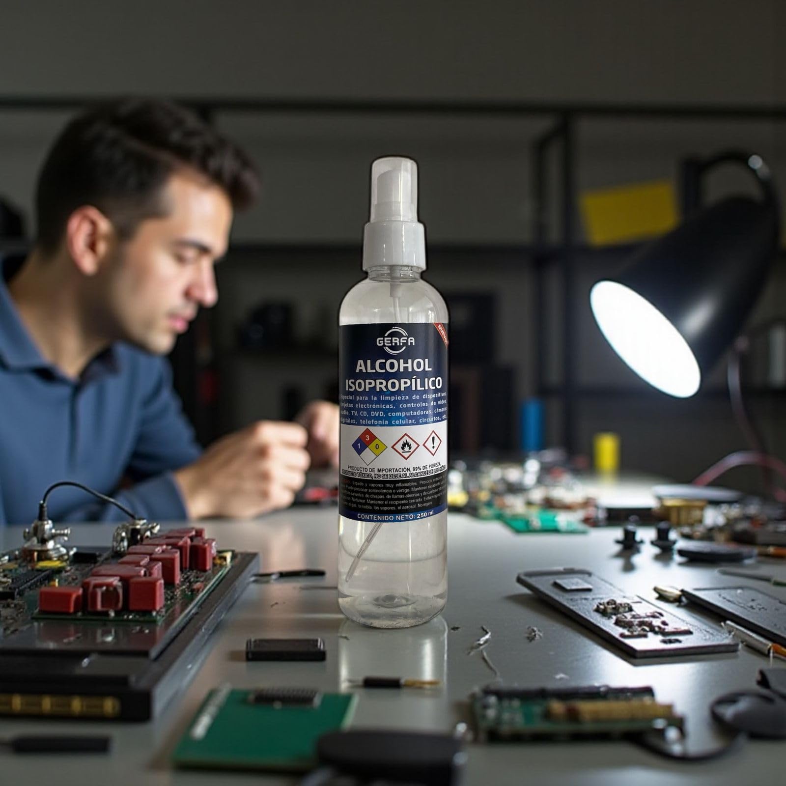 GERFA Alcohol Isopropílico 99% Puro 250ml | Limpieza Electrónica, Dispositivos, Lentes, Circuitos y Más | Evaporación Rápida y Libre de Residuos