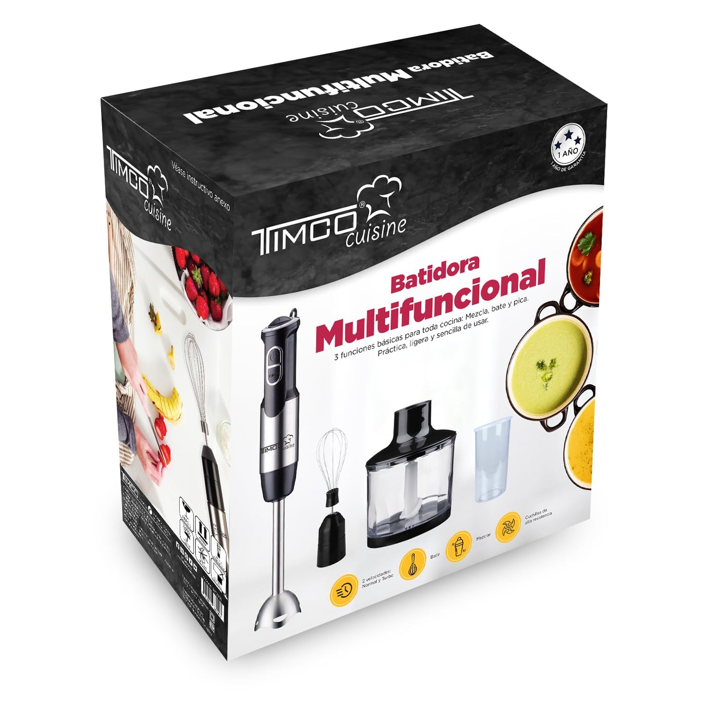 Batidora de Inmersion Timco Licuadora de Mano Multifuncional 4 En 1 Acero Inoxidable Batidora de Mano BAT2203