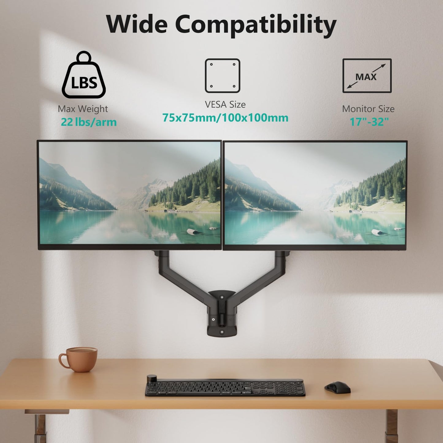 Soporte para Monitor WALI Negro Totalmente Ajustable para Pared Doble de hasta 32 Pulgadas 10 kg con Brazo y Resorte de Gas