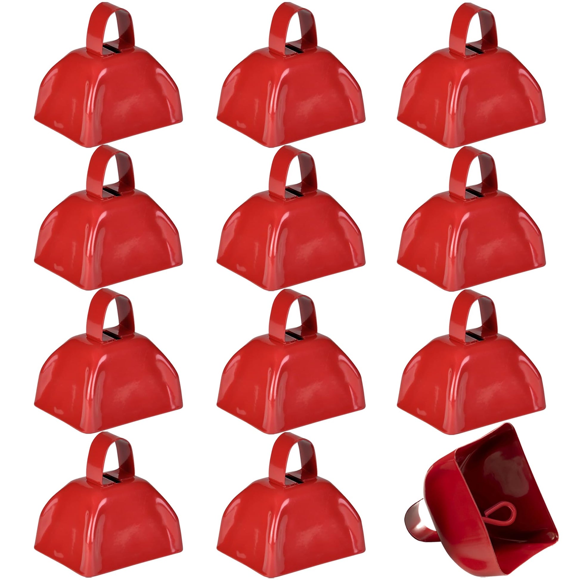 Cencerros de Metal - Campanas de Vaca Rojas 3 Pulgadas, Timbre Llamada Fuerte con Asas para Eventos Deportivos, animación, espíritu Equipo, máquina de Ruido, Bodas (Paquete de 12)