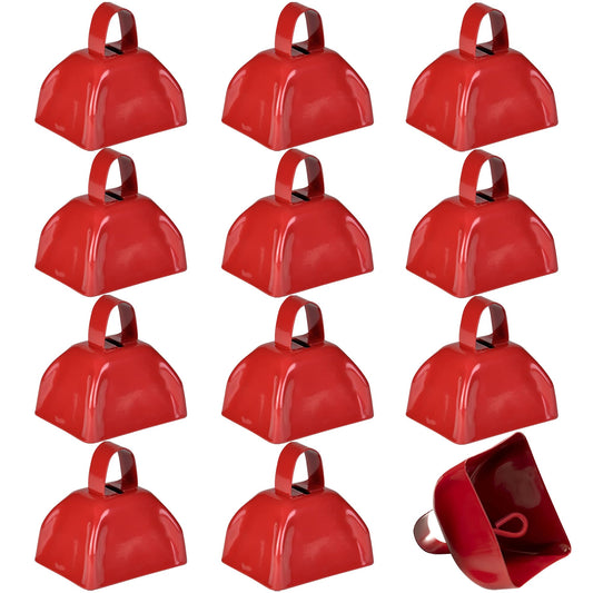 Cencerros de Metal - Campanas de Vaca Rojas 3 Pulgadas, Timbre Llamada Fuerte con Asas para Eventos Deportivos, animación, espíritu Equipo, máquina de Ruido, Bodas (Paquete de 12)