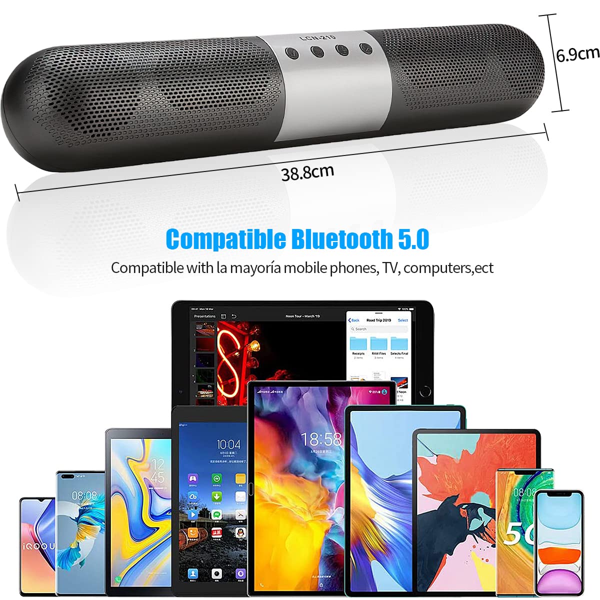 HONGHCL Barra de Sonido, Sound Bar con Conectividad Bluetooth/AUX 3.5mm/USB/TF Card,Barras de Sonido con Sonido Estéreo de 360°,Inalámbrica Bocina de Subwoofer con Llamadas Manos Libres HD y FM