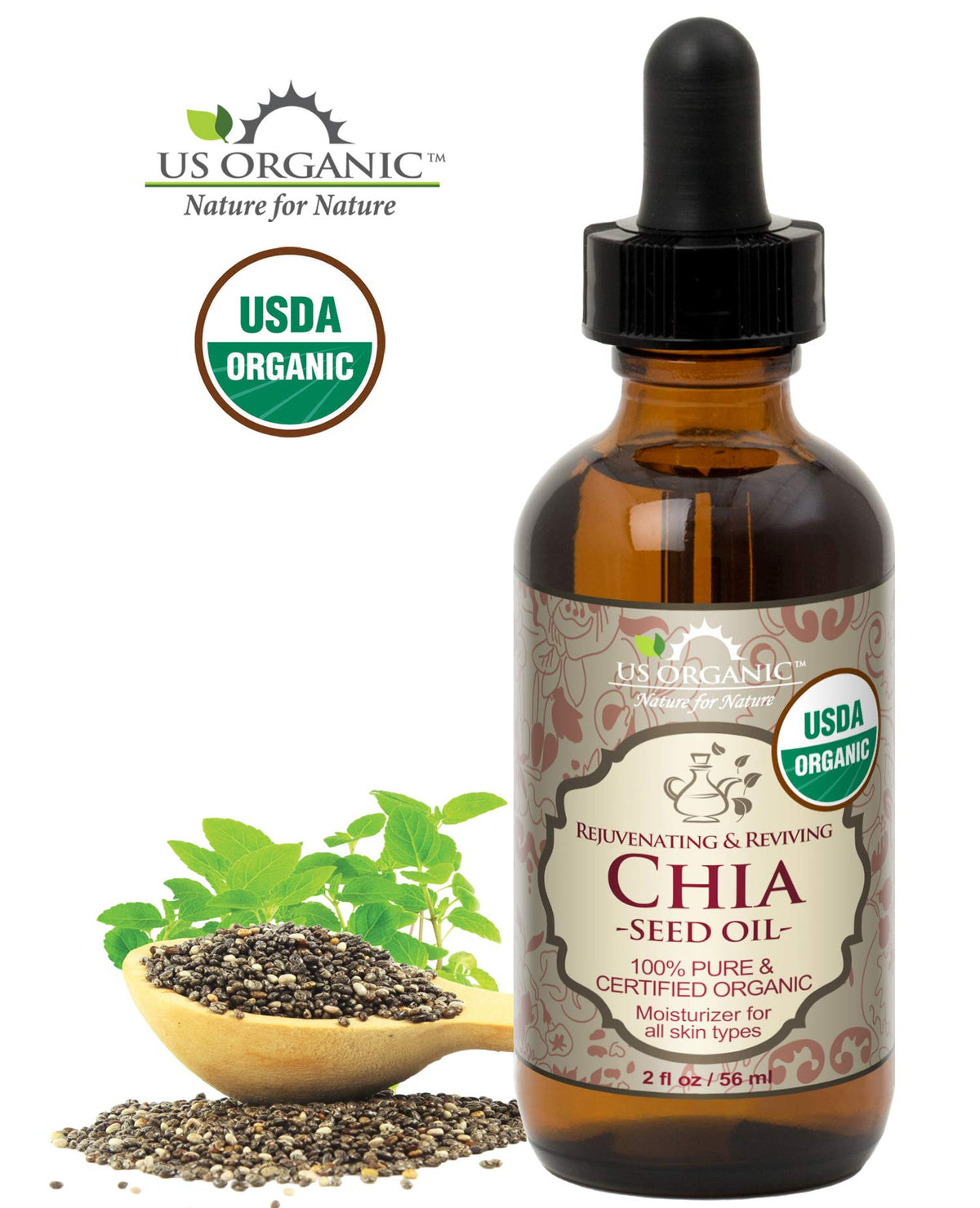 Aceite de semillas de chía orgánicas (Salvia hispanica), certificado orgánico USDA, 100% puro y natural, virgen prensada en frío, sin refinar en botella de vidrio ámbar con cuentagotas de vidrio para una fácil aplicación, (56 ml)