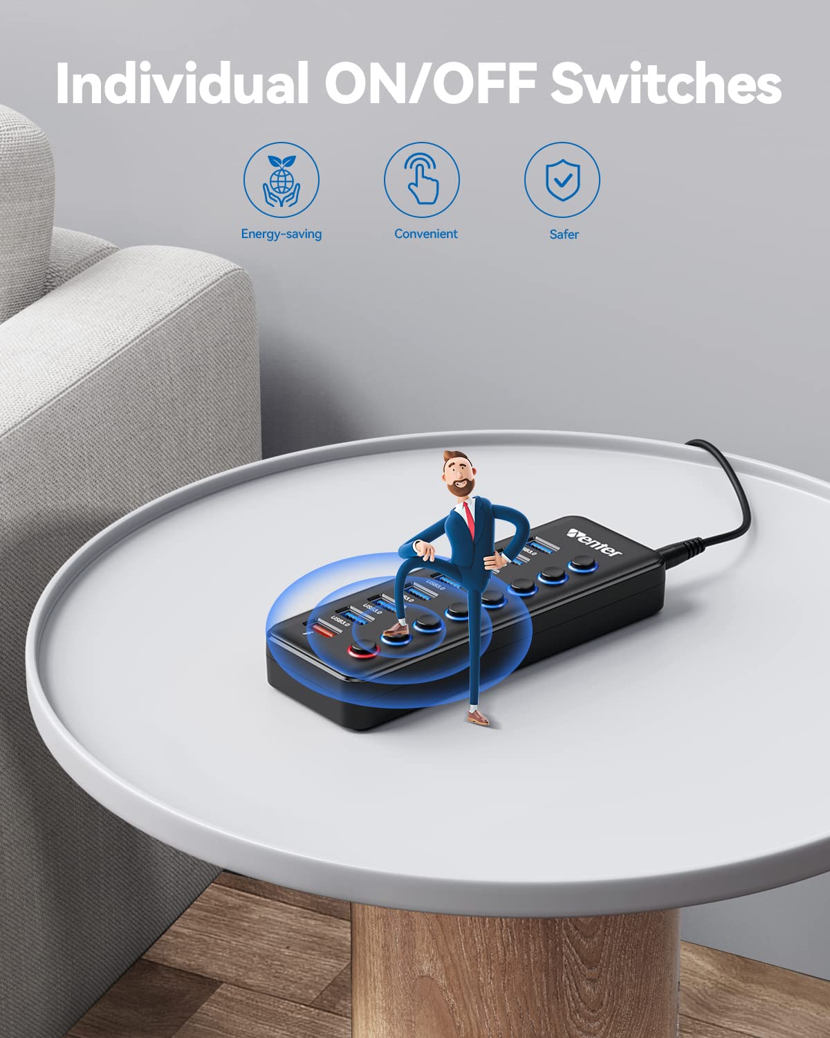 Hub USB alimentado 3.0, Wenter 8 puertos USB Splitter Hub (7 puertos de transferencia de datos más rápidos + 1 puerto de carga inteligente) con interruptores LED individuales de encendido/apagado, Hub