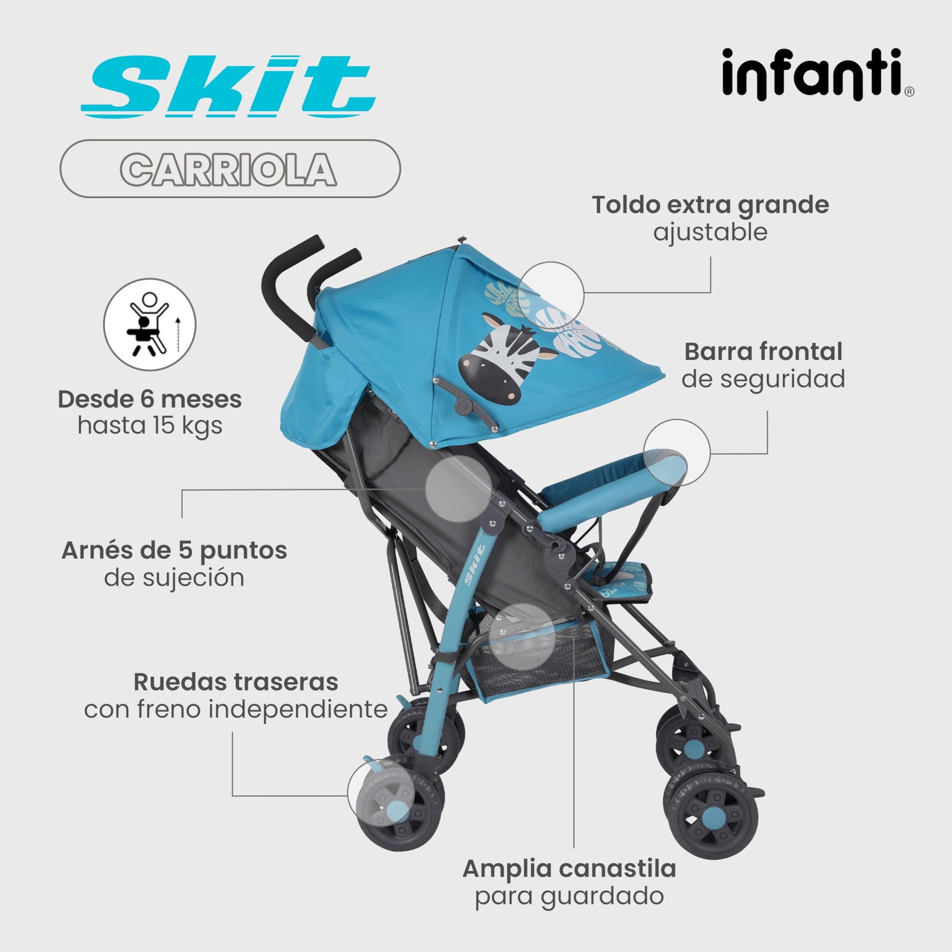 INFANTI | Carriola para Bebe de Baston SKIT | Carriola de Viaje - Carrito para Bebe | Cosas para Bebes 6 Meses hasta 15 kg - Compacta y Plegable | Carriola de Baston Ligera con Arnés de Seguridad
