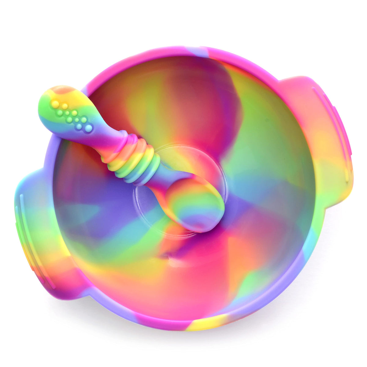 PrimaStella - Juego de tazón y cuchara de silicona irrompible antideslizante para bebés y niños pequeños (arco iris)