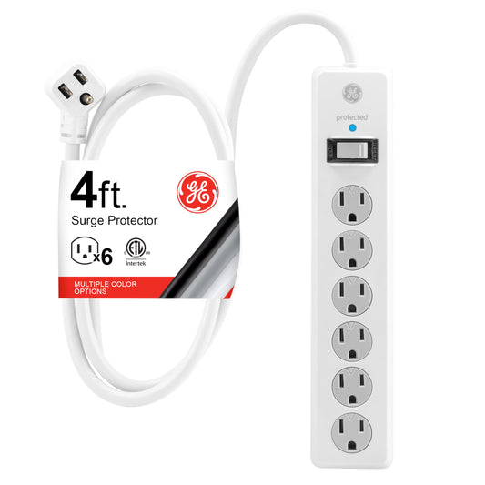 GE Tira Multicontactos De 6 Salidas Con Supresor De Picos Y Enchufe Plano, Cable De Extensión De 1.2 Metros (4 Pies), 800 Julios, Cubiertas De Seguridad Con Giro Para Cerrar, Blanco, 1 Unidad, 33658