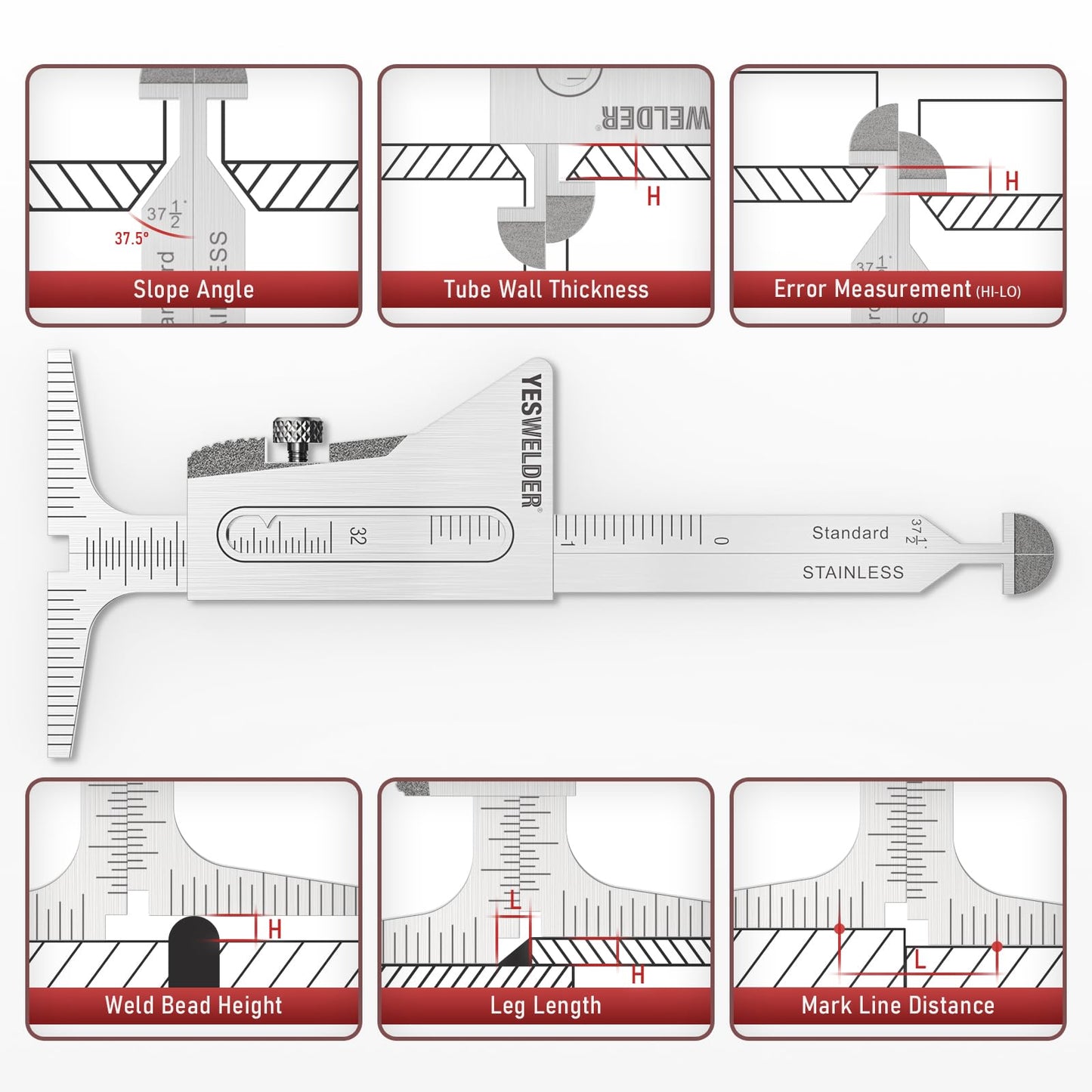 Calibre de Soldadura YESWELDER Acero Inoxidable Ajuste Precision Medición de Tuberías