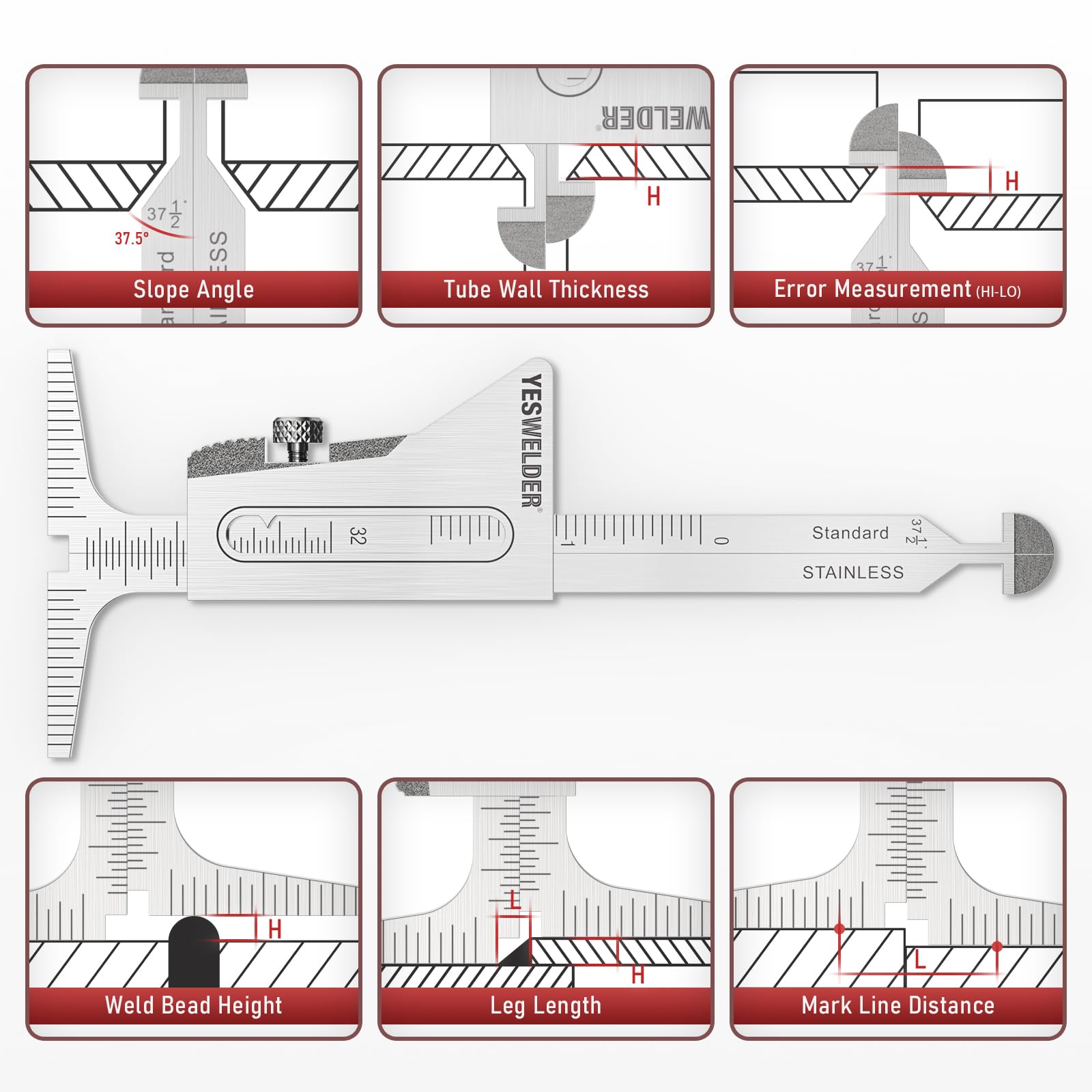 Calibre de Soldadura YESWELDER Acero Inoxidable Ajuste Precision Medición de Tuberías