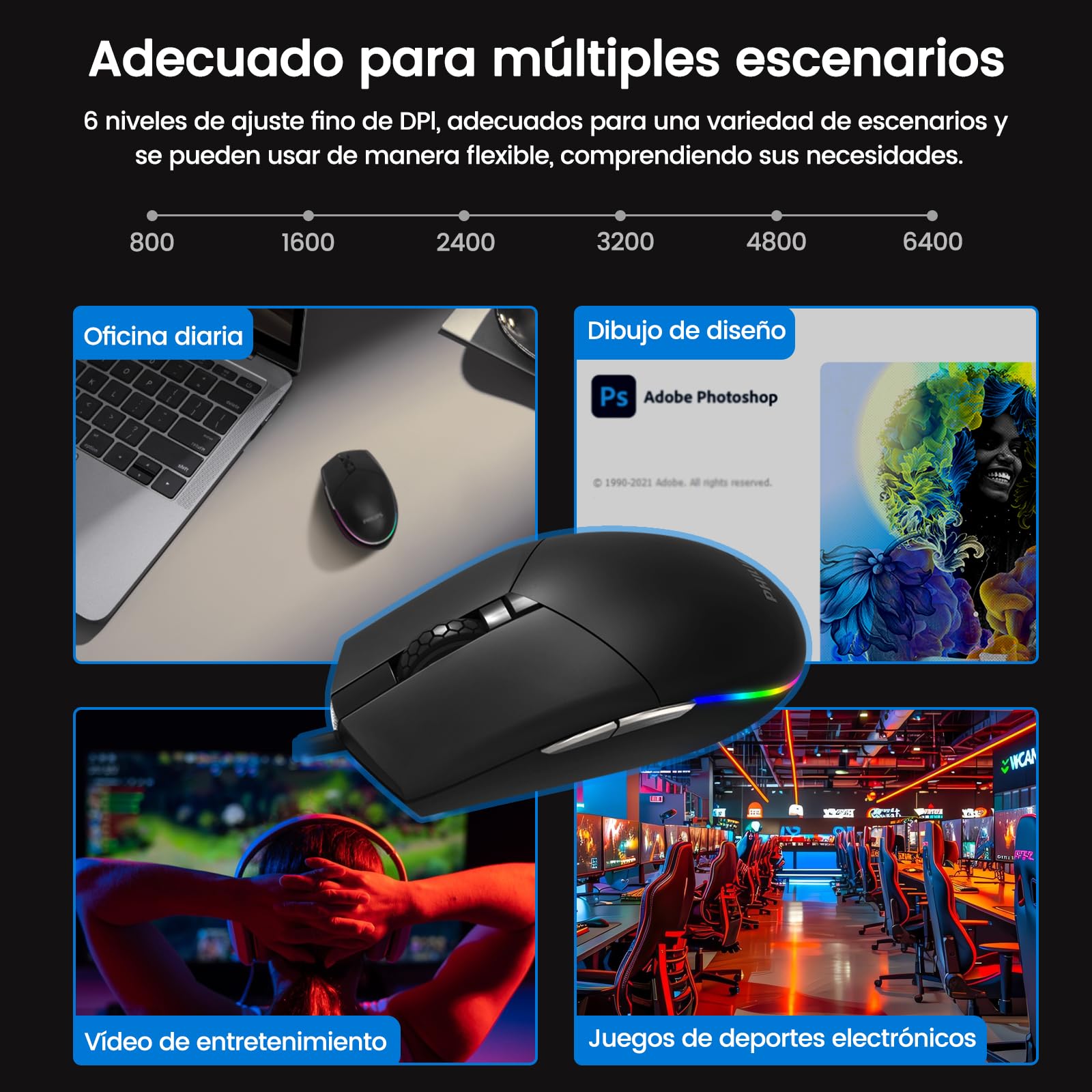 Mouse Gaming Philips Negro con Iluminación RGB y 6 Botones Programables
