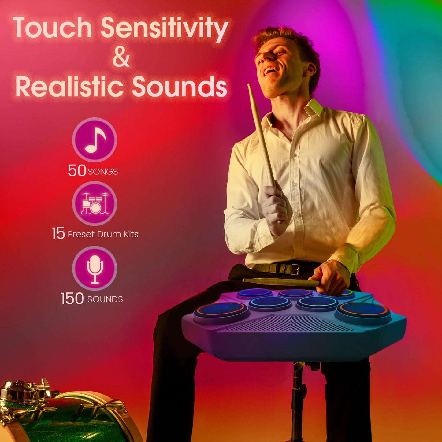 Juego de Batería Electrónica ROCKSOCKI Negra con 7 Almohadillas Sensibles y Luz LED para Mac y PC
