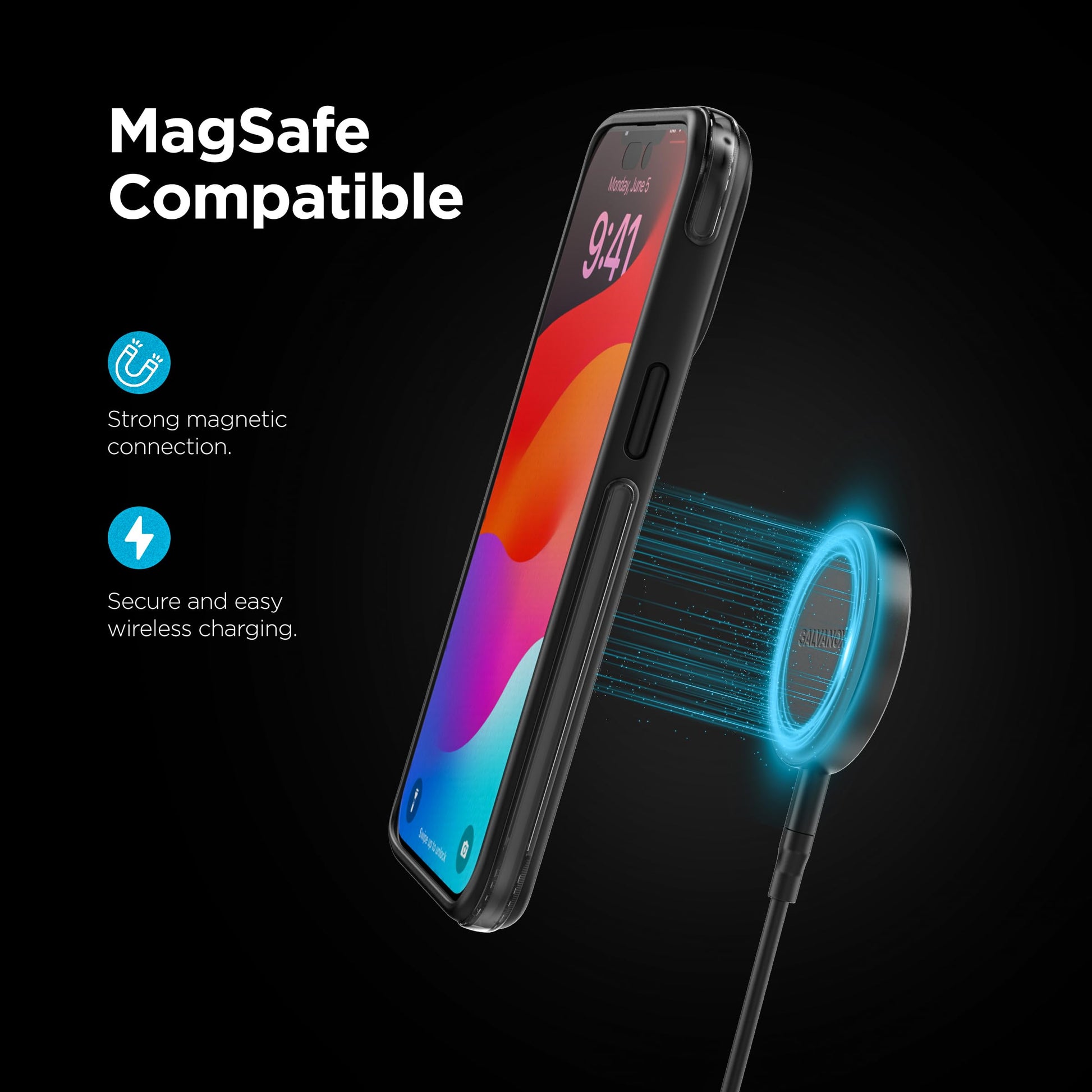Galvanox Cargador inalámbrico largo, compatible con MagSafe (cable de 10 pies) magnético de 15 W, almohadilla de carga rápida para iPhone con cable flexible y extraíble (negro)