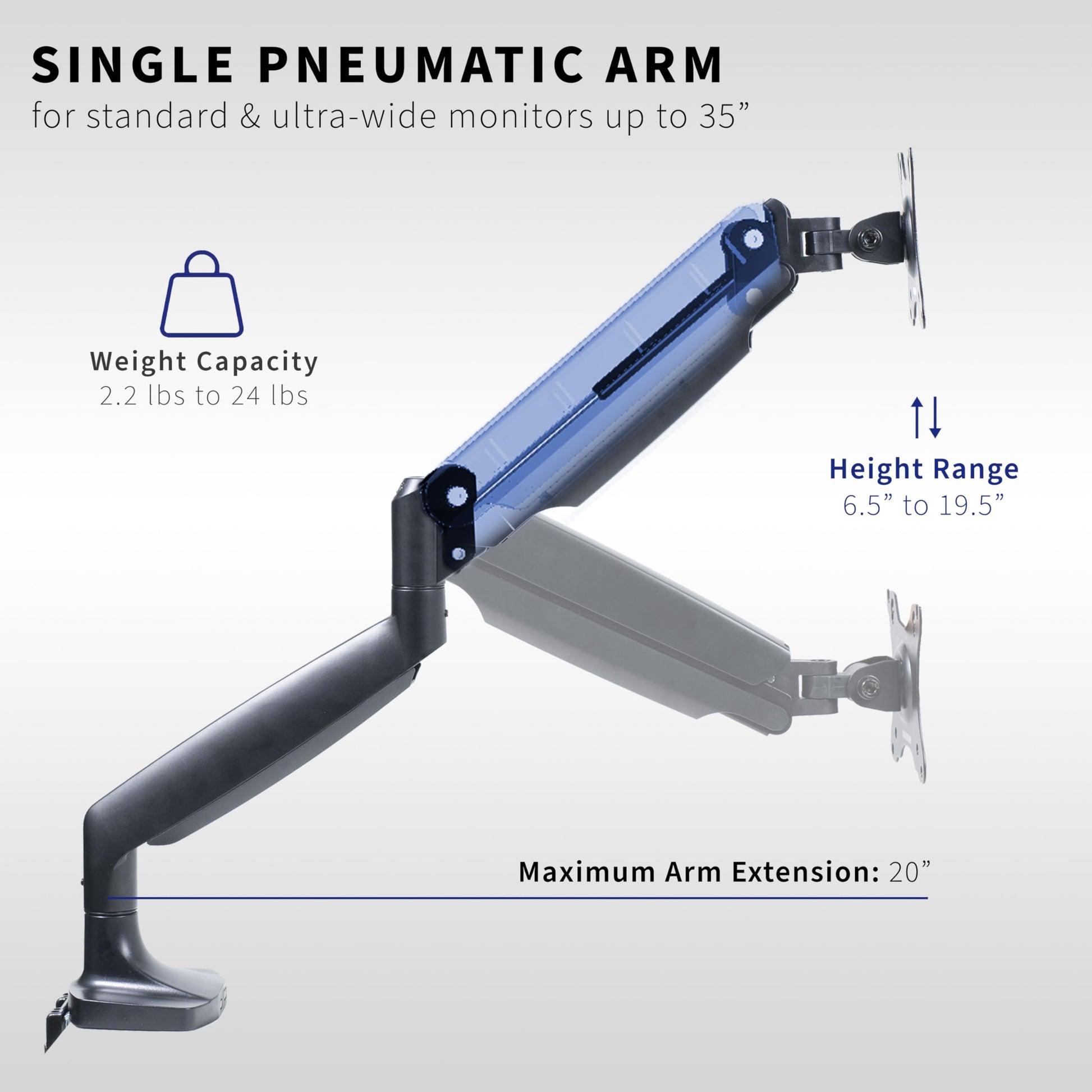 Brazo de Aluminio VIVO Negro para Monitores Ultra Anchos de hasta 35 Pulgadas con Altura Neumática y Montaje VESA 100 x 100