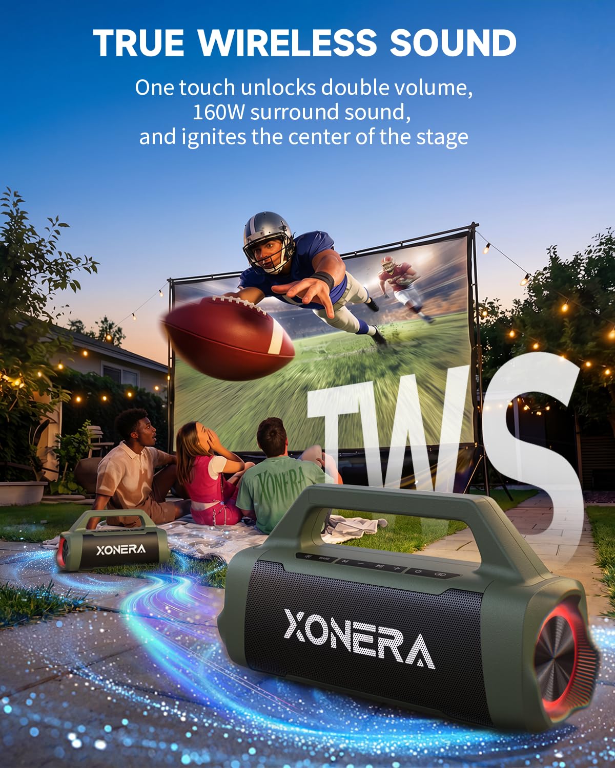 Xonera - Altavoces Bluetooth inalámbricos, altavoz de 80 W pico alto para exteriores con graves, tiempo de reproducción de 20 horas, IPX6 impermeable, TWS, BT5.3, portátil para camping, senderismo
