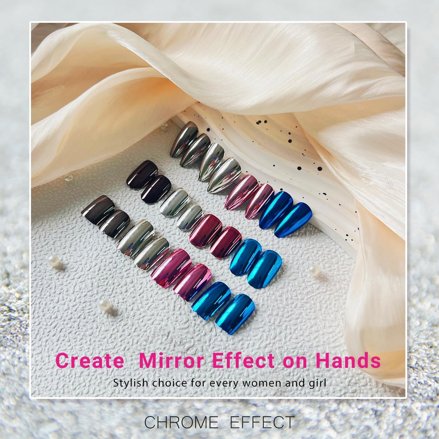 SXVME Uñas Postizas De Metal Plateado Con Efecto Espejo, Medianas, Cortas, Cuadradas, Cromadas Y Esmaltadas, De Gel, Brillantes, Acrílicas, Reutilizables, Gruesas, Para Mujer, Con Pegamento, De Longit