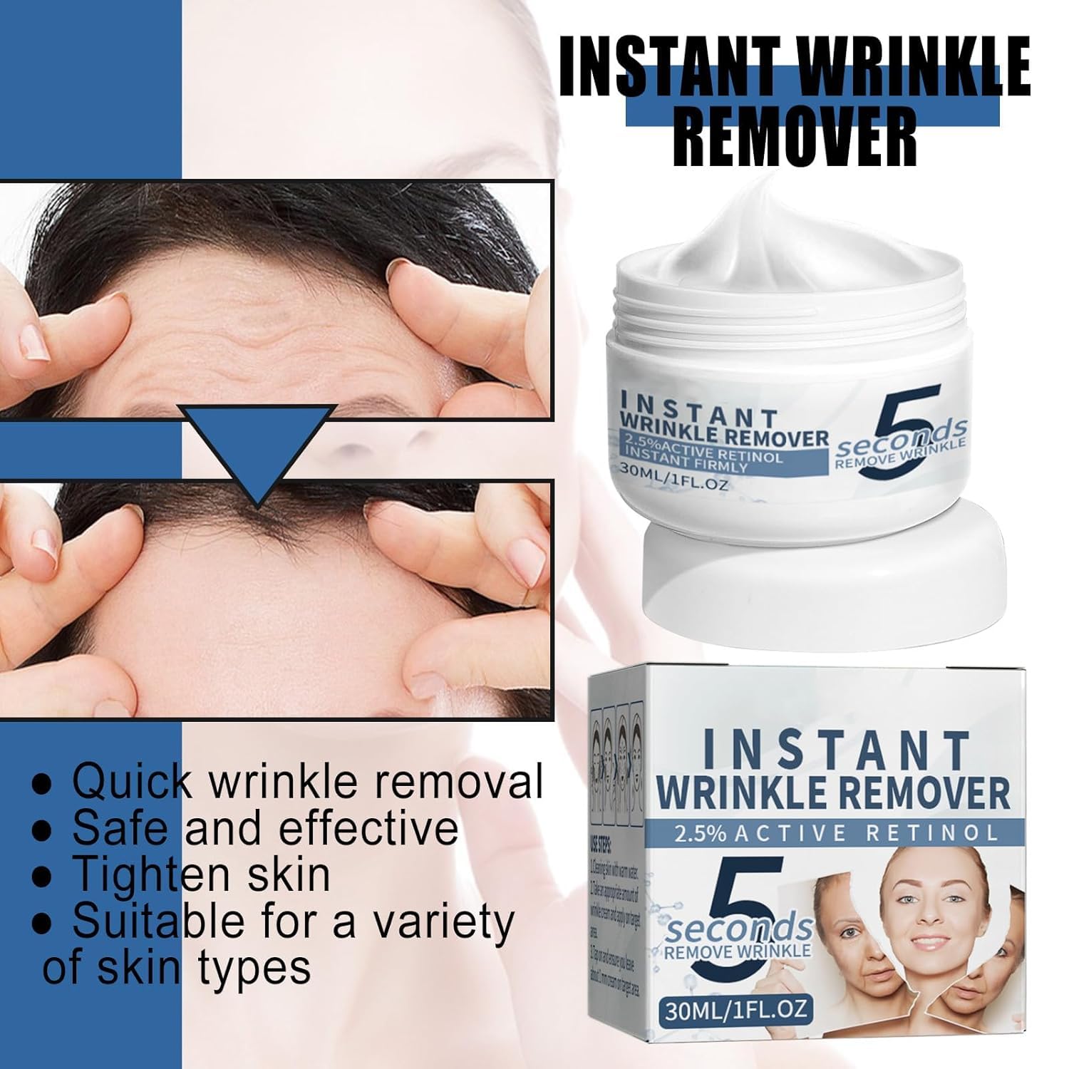 Crema Antiarrugas Con Retinol en 5 Segundos,Crema Facial Antiarrugas,Removedor Instantáneo de Arrugas,Crema Facial Hidratante Lifting,Crema Facial Reafirmante o Para Mujeres