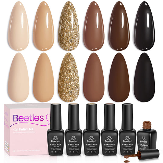 Beetles Gel Polish Nude Marrón, Set de 6 Colores con Glitter UV LED Pro