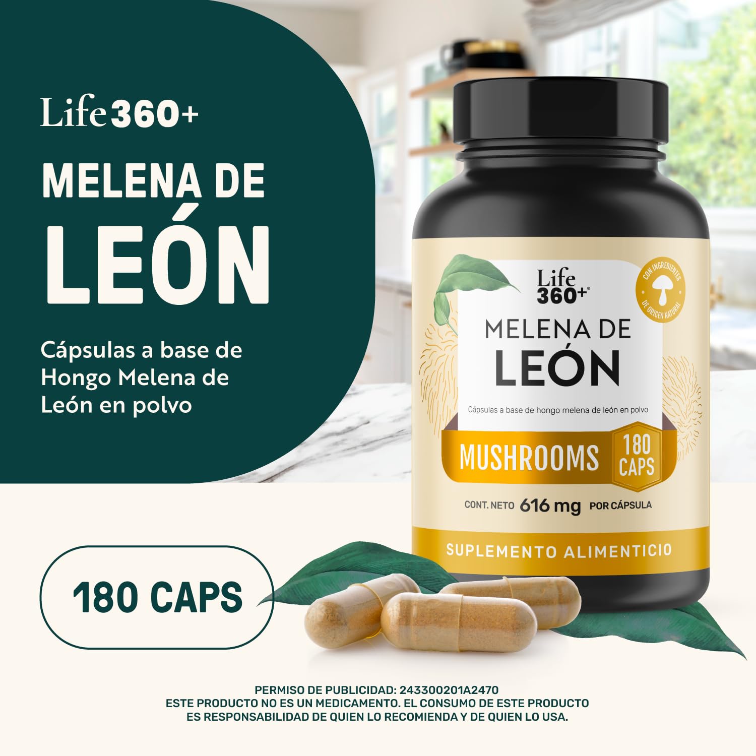 LIFE 360+ Hongo Melena de León Puro | 180 Cápsulas 1232 mg por porción | Ingredientes Naturales | Lions Mane Blend