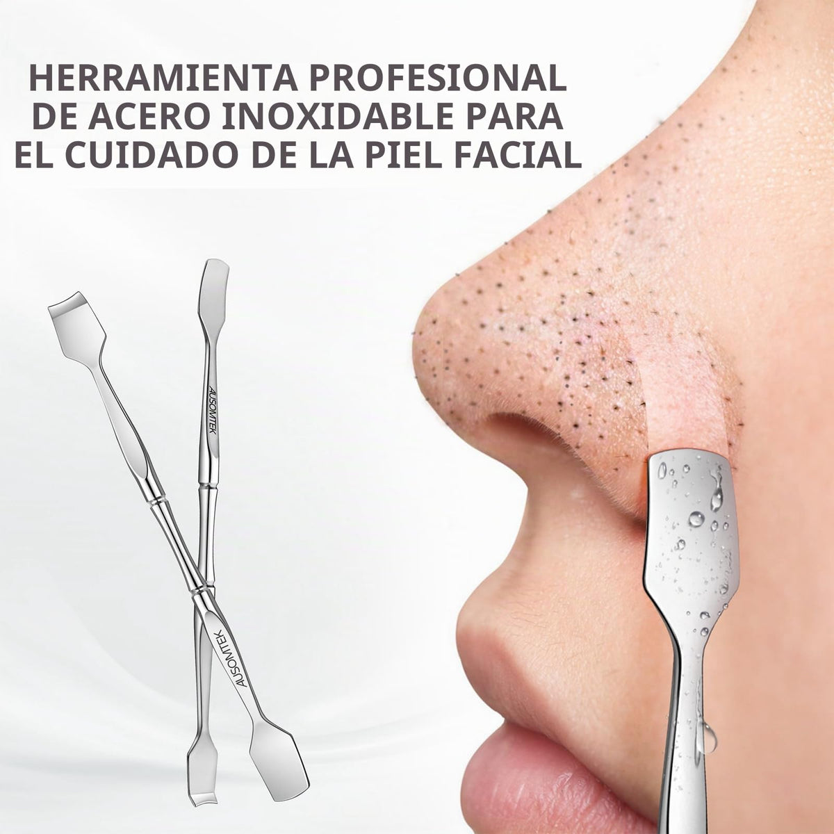 Ausomtek- Espátula de doble cabezal para puntos negros de AUSOMTEK, herramienta para preparar poros, removedor de puntos blancos, acero inoxidable, color cian