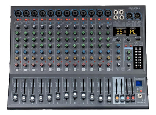GOCHANMI NX1200 Mezcladora de Audio 12 Canales 99 DSP Efectos Preamplificador Mixer USB Interfaz Bluetooth con independiente 48V Alimentación Fantasma y un ecualizador de 3 segmentos (NX1200)