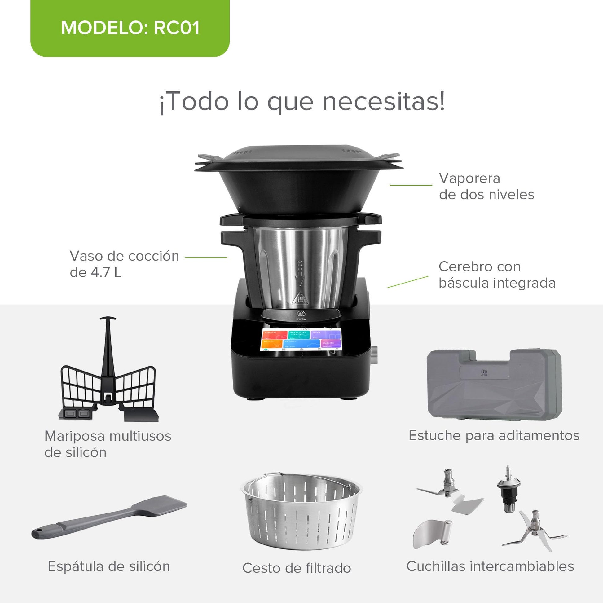 Avera Chef | Robot de Cocina Inteligente WiFi con Báscula y Recetario Digital (+1000 Recetas) | 30 Funciones: Guisar, Batir, Amasar | Pantalla Táctil, Vaporera | Capacidad 4.7 L | RC01