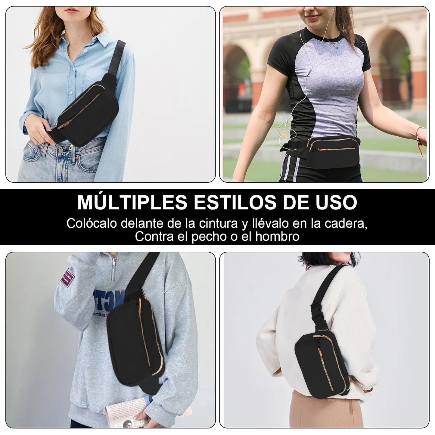 Cangureras de Moda de Mujer,Riñonera Moda Deportiva con Bandolera Ajustable, Impermeable y Ligero RiñOnera Unisex Adecuado para Viajar, Hacer Senderismo, Correr, Montar En Bicicleta (Negro)